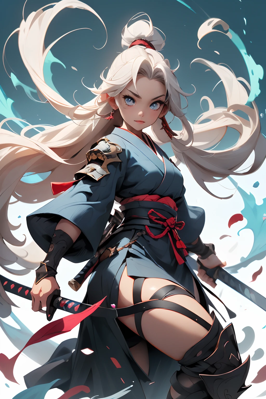 1girll, long whitr hair,holding a longsword,blue colored eyes,Samurai of Japan,Attacking stance,longer sleeves, full bodyesbian