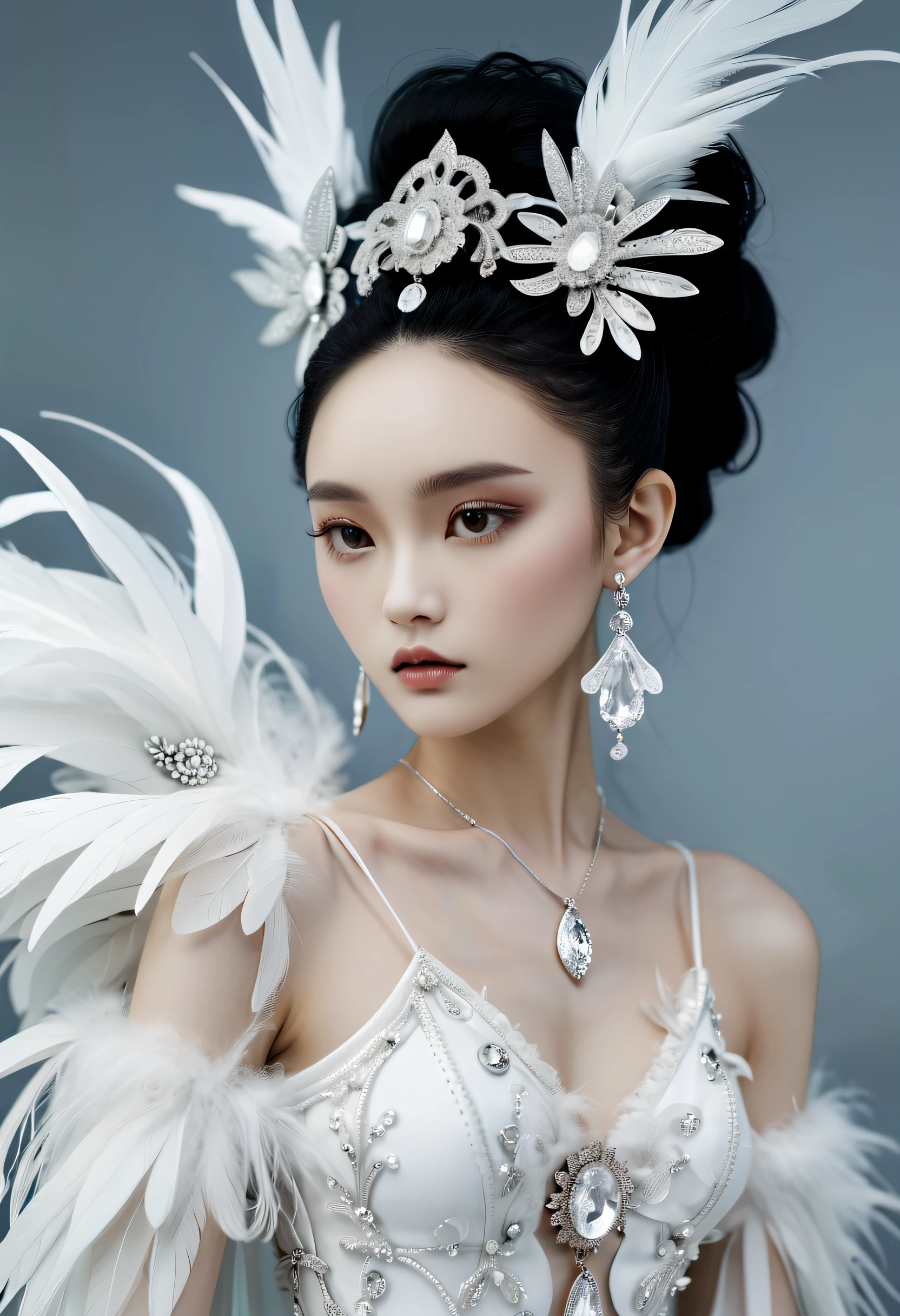 A Chinese girl,One wears earrings and "Airy" dress, In the style of Nene Thomas, monochromatic white figures, Gothic romanticism, Striking resin jewelry, Fine feather details, chen zhen, Asymmetrical balance