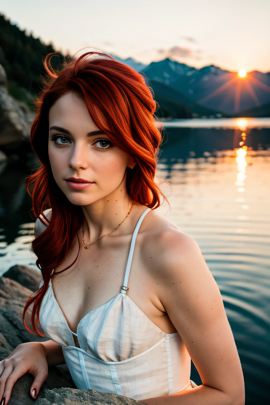 Portrait of a 28-year-old red-haired woman, ecru linen bustier, hands in hair, seduction, loving gaze, on a rock overlooking a lake, sunset, cinematic rendering, 32K, RAW