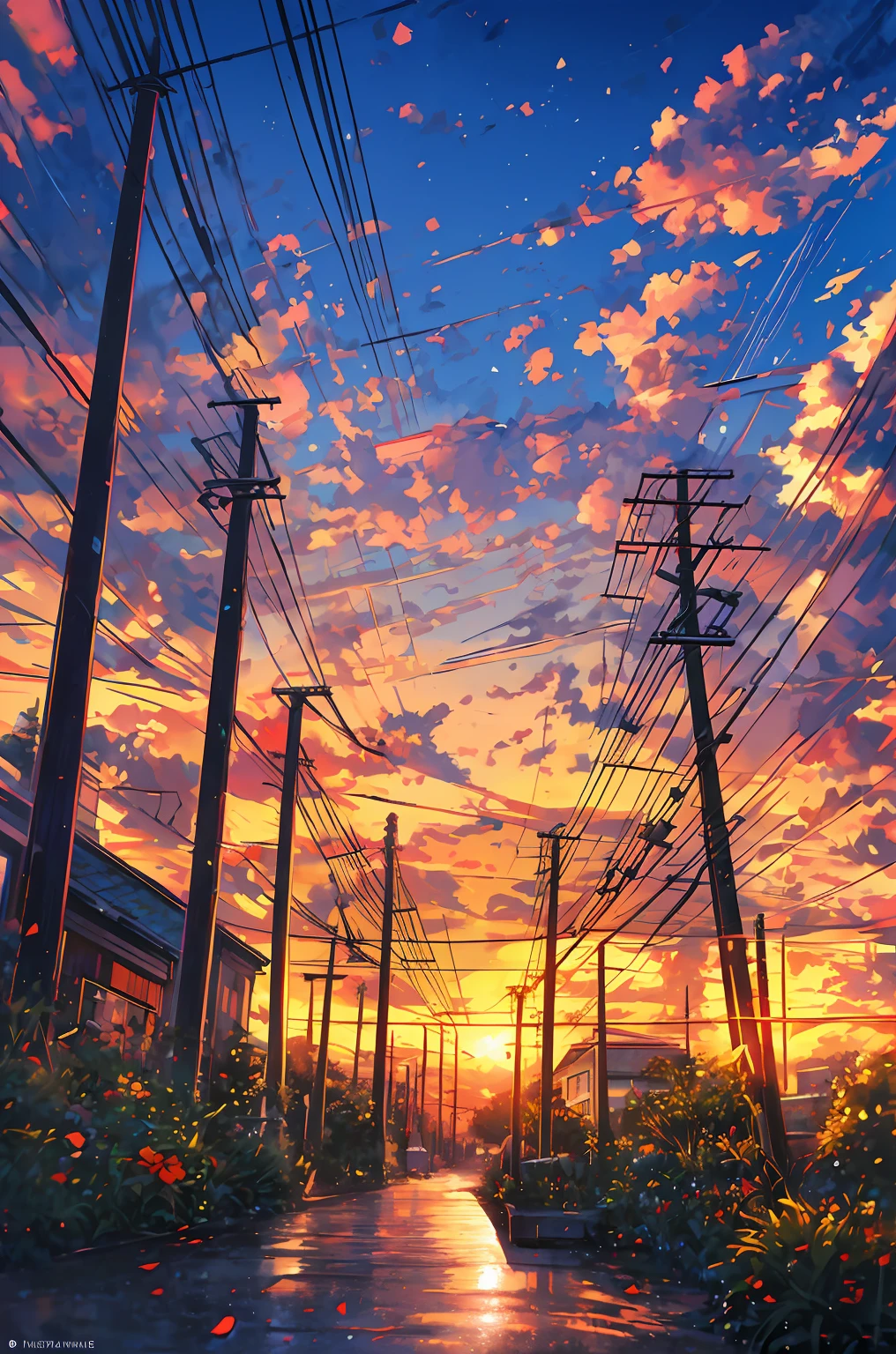 masterpiece, concept art, a painting of (electric poles:1.5) in a city street at sunset, a painting, by sylvain sarrailh, anime hi-fructose, telephone wires, gta art, warm sundown, beautiful iwakura, toon aesthetic, colorful house, connecting lines, anime screenshot, art », muffled colours, kawai, 2077, “ anime, bright: