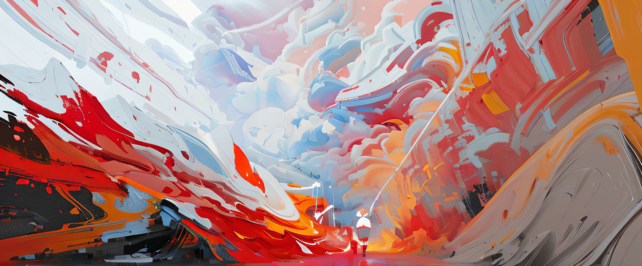 Draw a red umbrella，There is a white line running through it, Palette knife background, Colorful energy brushstrokes, abstract paintings. 8K, colorful digital painting, painted in high resolution, vibrant digital painting, expressive digital painting, Abstract drawing techniques, in style of digital painting, Vivid abstract landscape, Beautiful art UHD 4 K