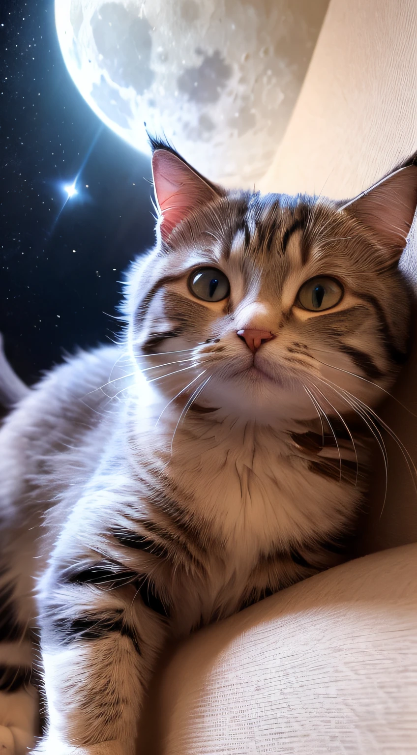 ultra-wide-angle，(Masterpiece:1.3),(Highly detailed:1.3),(A high resolution:1.1),Best quality,Hyper-detailing,A cat looking up at the stars。large full moon，Soft moonlight，Romantic starry sky