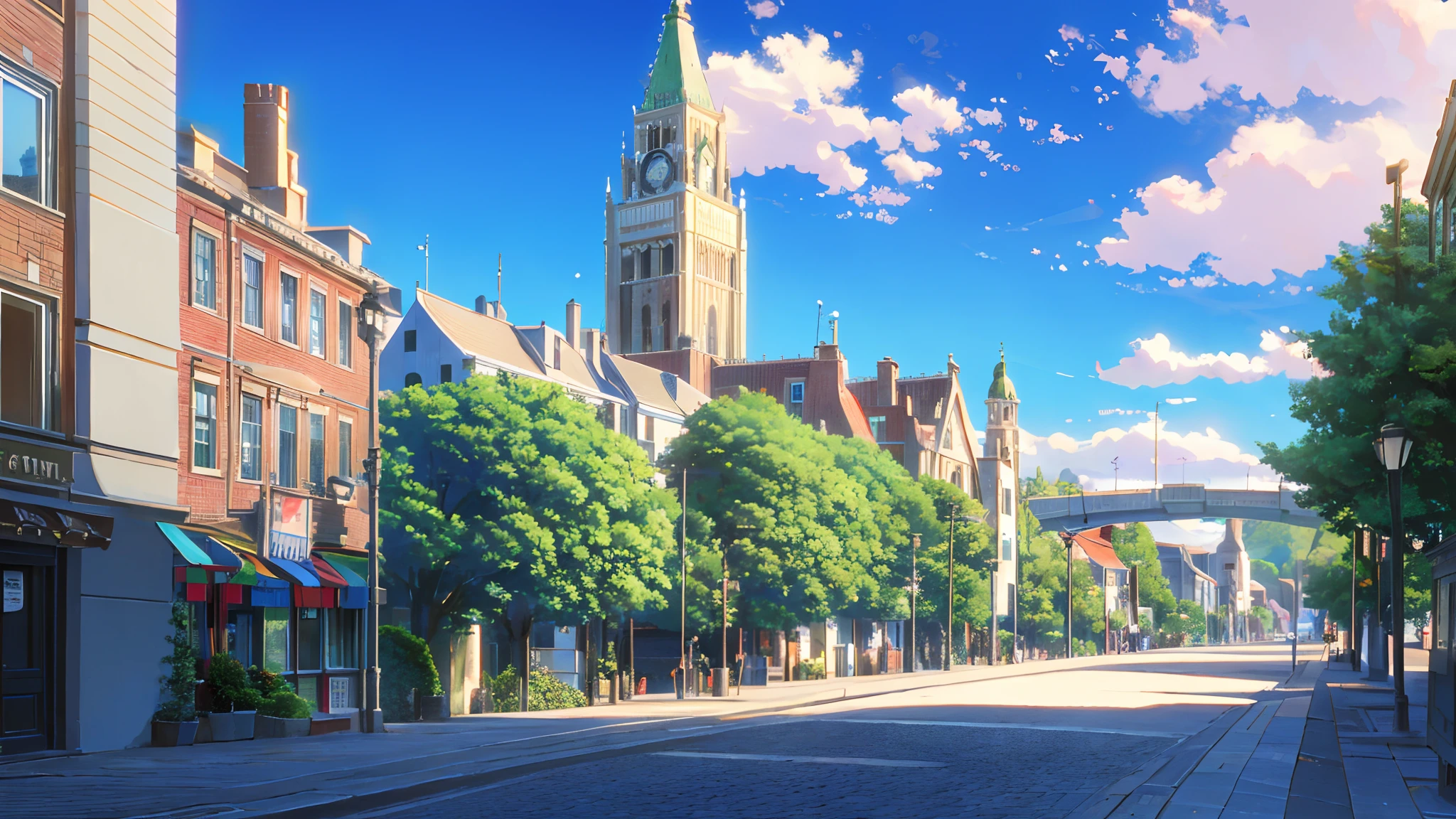view of the old city with European style buildings, European style buildings, Dutch style buildings, white buildings, one big street, lampposts, sidewalks, old buildings, buildings using bricks, trees, blue sky with clouds, 4k, 4k detail, anime, anime building,