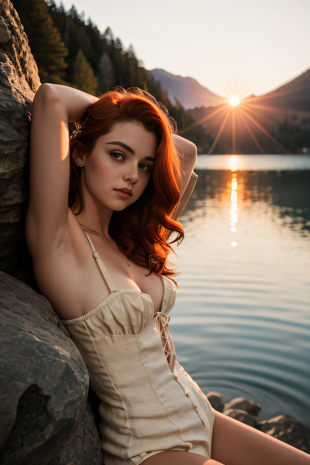 Portrait of a 22-year-old red-haired woman, disjointed cream-colored linen bustier, hands in her hair, seduction, loving gaze, on a rock overlooking a lake, setting sun, cinematographic rendering, 32K, RAW