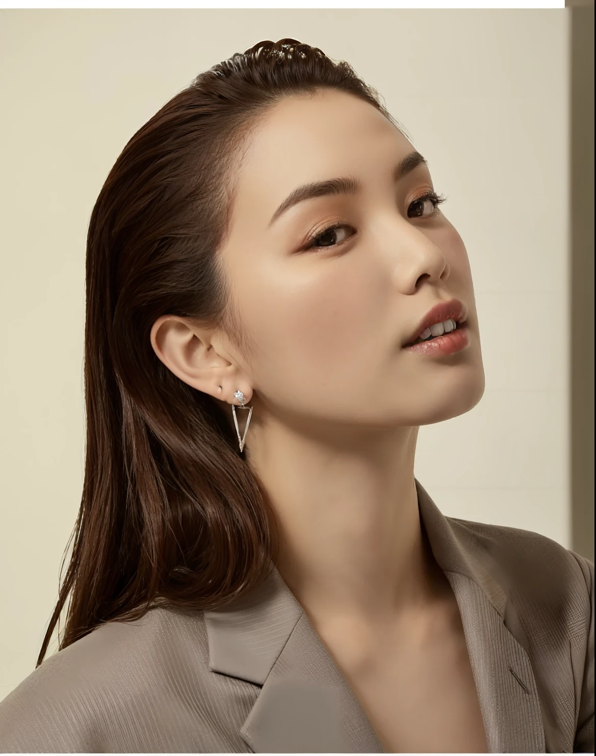 Close-up portrait of a woman wearing a suit and earrings, wearing pearl earrings, silver earing, Earring, earrings, kiko mizuhara, photoshoot for skincare brand, girl with pearl earring, song hye - kyo, sha xi, Beauty Galga Dot Photos, dilraba dilmurat, li bingbing, Short Slick - Back Hair