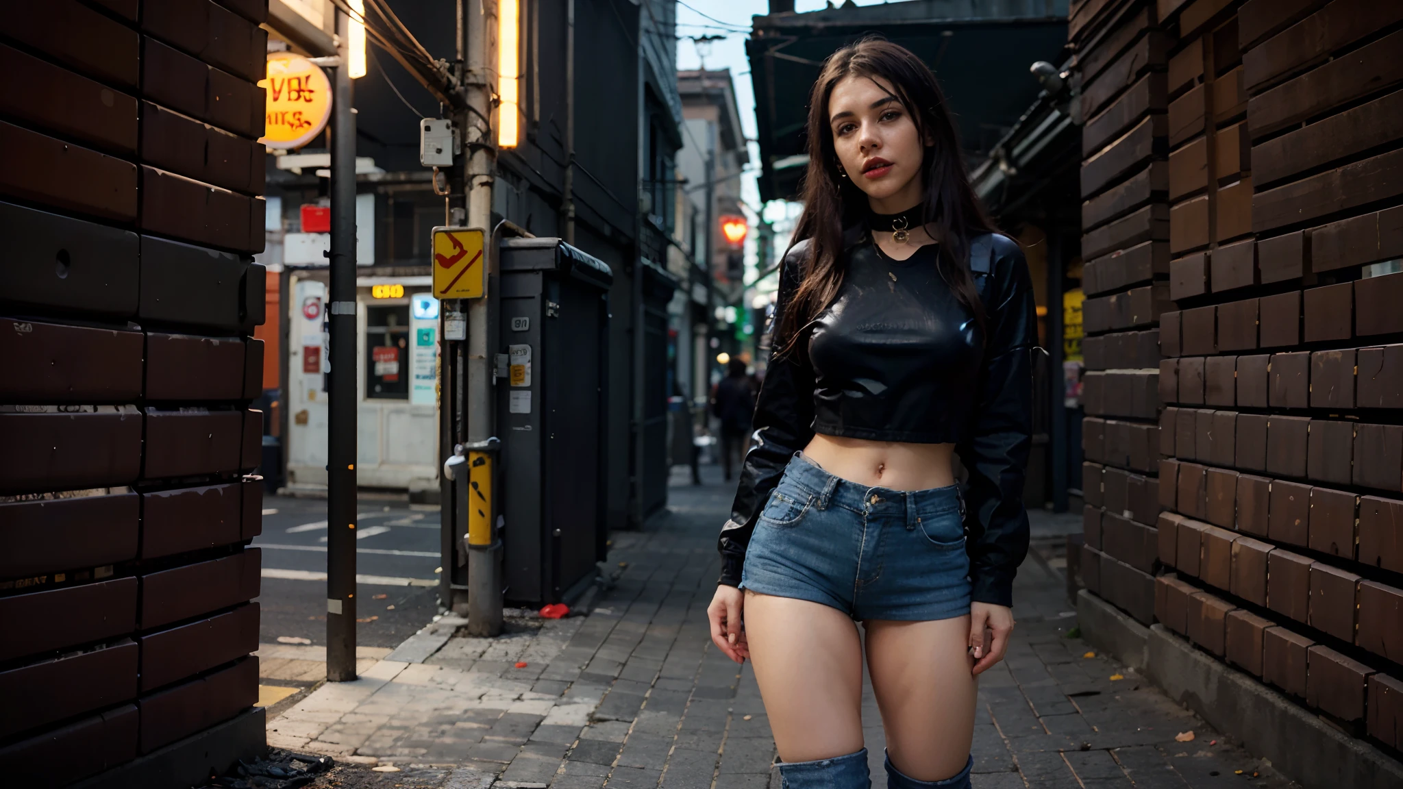 Garota loira de 19 anos, nua, nsfw, muito bonita, athletic, cabelos loiros, olhos azuis, red-lips, franja, usando short denim skirt, saia muito curta, pernas grossas, pernas bonitas, cintura estreita, abdome exposto, NSFW, botas de coxa de couro preto, saia denim curta, denim mini-skirt, mini-saia, saia curta azul, cinto de couro preto, seios pequenos, mamilos rosados, porcelain skin, The girl is wearing a black leather choker, the girl is wearing black leather boots, botas de coxa de couro preto, The girl is standing on a street in a cyberpunk city, cidade cyberpunk futurista, estilo blade runner, cena noturna, luzes da cidade,