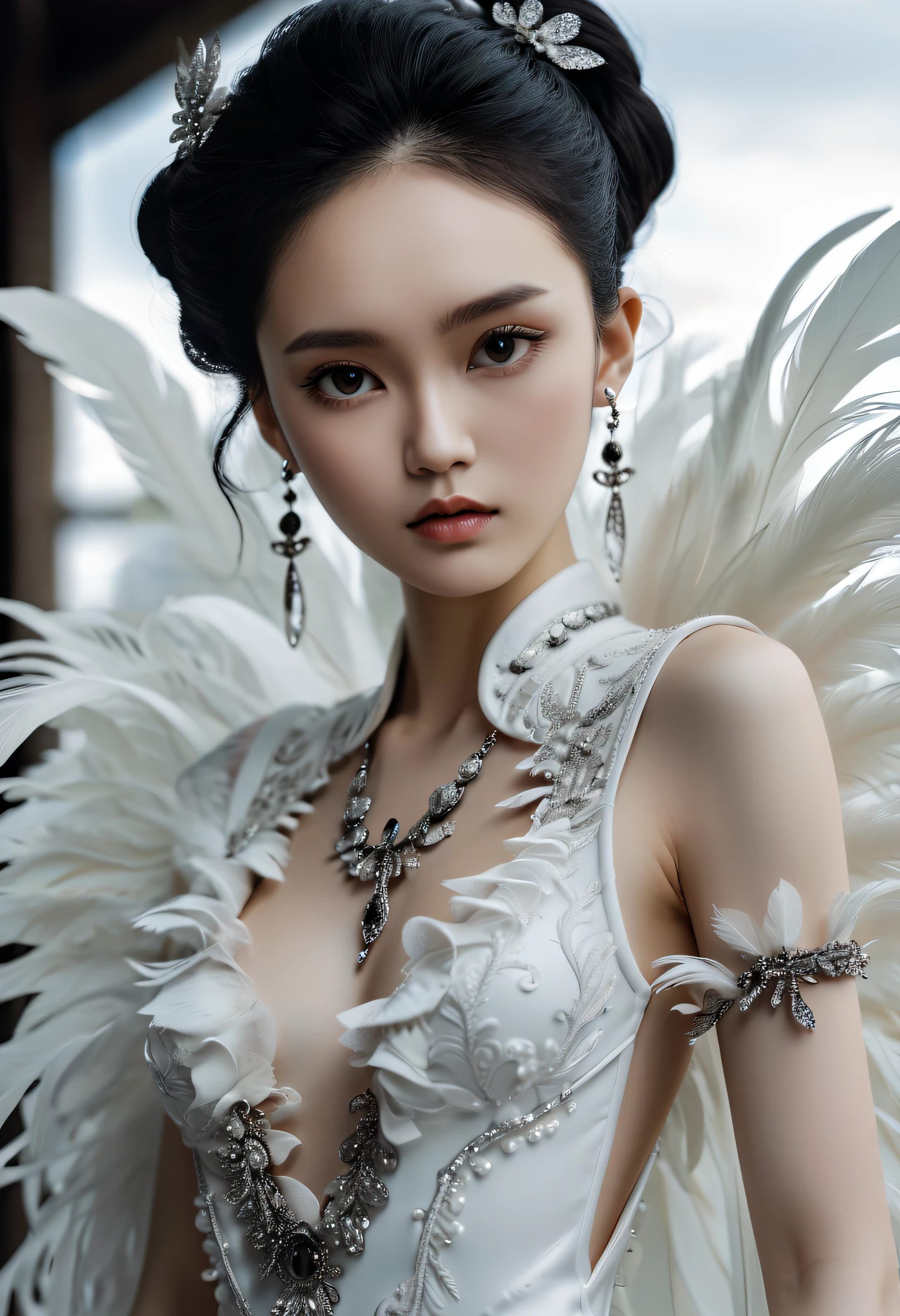 A Chinese girl，One wears earrings and "Airy" dress, In the style of Nene Thomas, monochromatic white figures, Gothic romanticism, Striking resin jewelry, Fine feather details, chen zhen, Asymmetrical balance