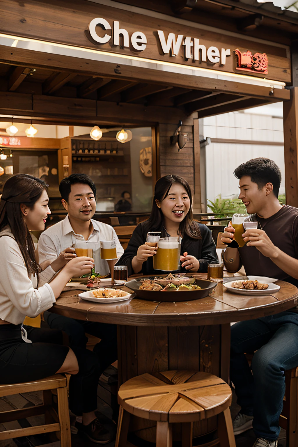 Three people，exteriors，Sit down and eat hot pot，Cheers with a beer mug in hand，hot pot