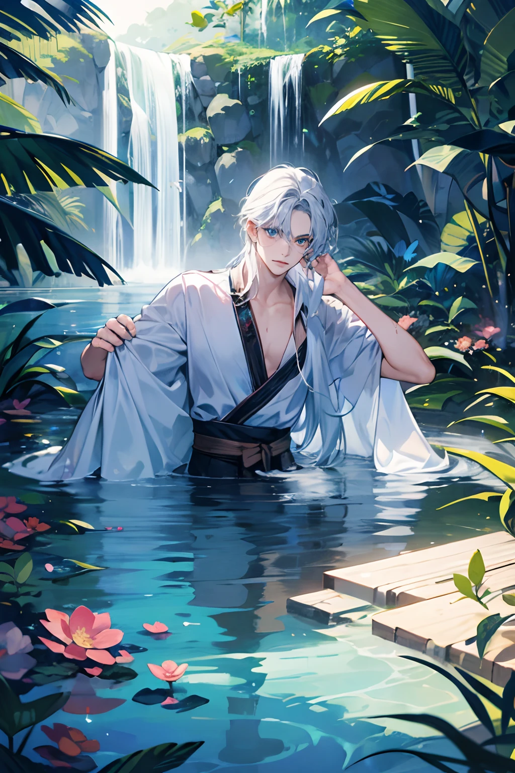 1 boy, Young male,  (Long hair, half body inside water, Topless, Bathe in water, Wet hair and body)blue colored eyes，Detailed eyes and face, Perfect male body, eye looking to camera,, China landscape, En plein air, Flowers and trees, waterfallr,butterflys， Portrait, color difference, Depth of field, dramatic shadow, Ray tracing, Best quality, Cinematic lighting, Extremely detailed CG, 8K wallpaper,，