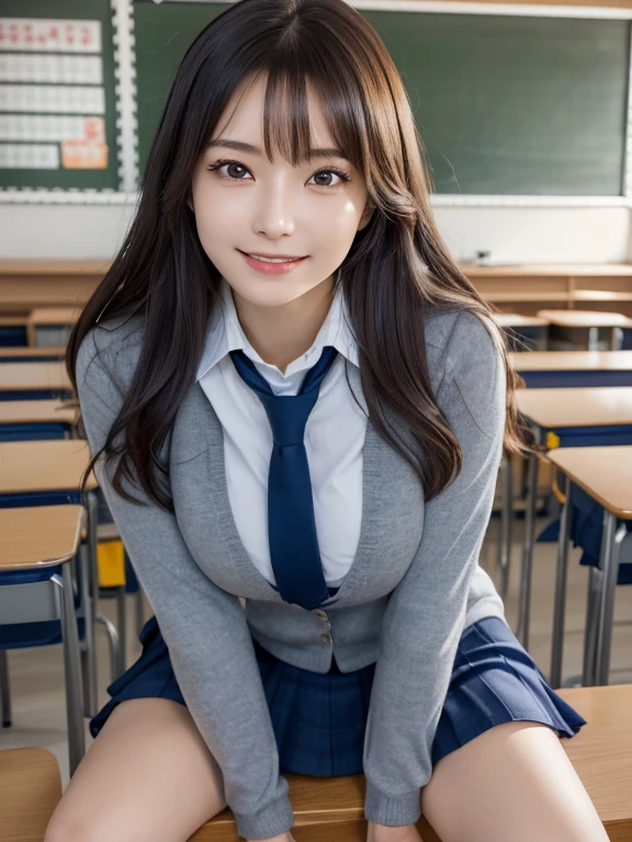 Best Quality, japanaese girl, 8K, Raw photo, top-notch quality, (Realistic:1.4), Upper body only、
1 beautiful Japanese girl, 18year old、gals、Bruises、Tempting smile、Fluttering chest、tits out、Cleavage of、Emphasize、Overflow from uniform、Large breasts, (sitting on the desk:1.1), (School uniform), (Spread legs:1.2),
(School classroom background:1.1)、hposing Gravure Idol、