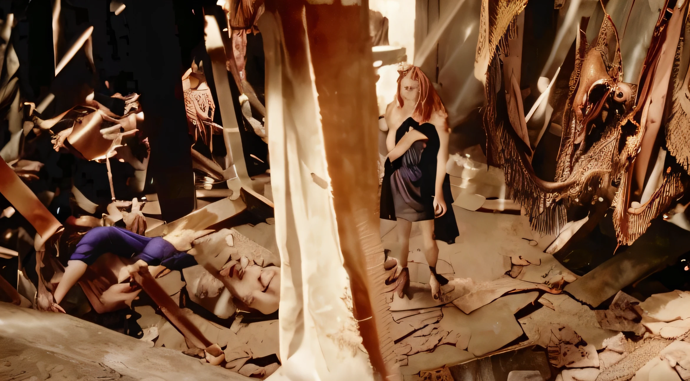 there are many people standing in a room with a broken leg, video still, dramatic scene, still from a music video, film still dnd, still from a fantasy movie, full scene shot, movie screen shot, film still from horror movie, set photo, screenshot from a movie, film still dnd movie, still shot from movie, in this ominous scene