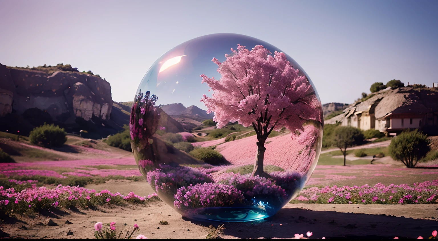 a glass ball filled with flowers, in the style of surrealistic dream-like imagery, vray, vibrant illustrations, photo-realistic landscapes, flowerpunk