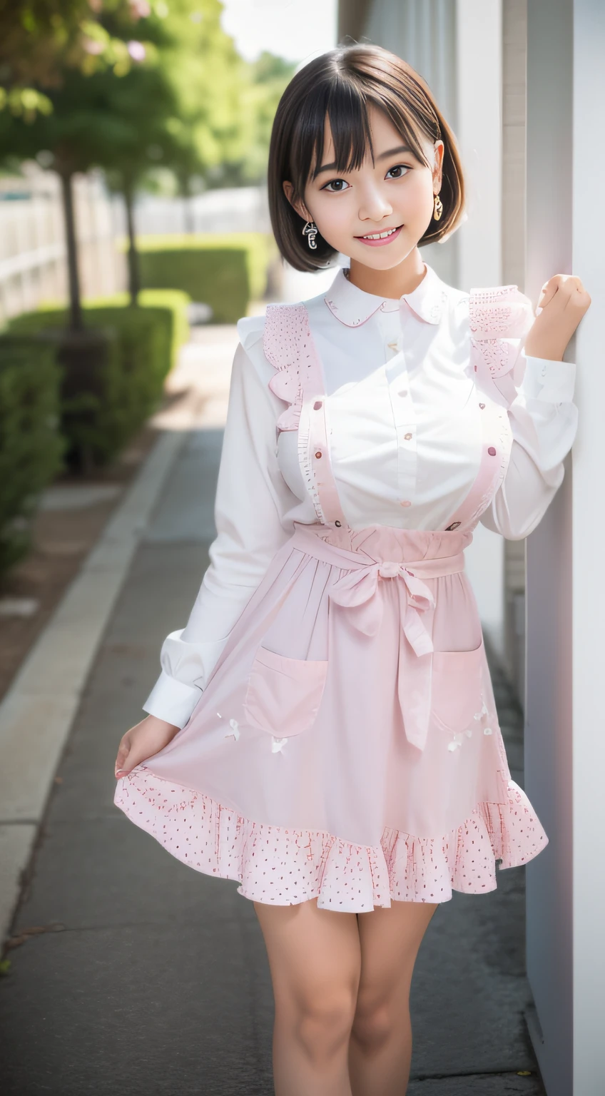 (Pink luxury maxi long dress, Long Sleeve Ruffled, White maid apron, White prim head), (high-kick, one-leg-up with Panty shots with a polka dot pattern:1.3), (full length, whole body), (black hair, , (slim waist and large breasts style, short height:1.2), short bob hair, aqua eyes, blush stickers, one little star earring, lively eyes, younger sister girl, round face, eyebrows downward, light blush, Look at viewers, affectionate cute, cute girl, surreal high school girl, Look at viewers, smile, Hinano Himeno), (Surrealism, natural lighting, depth of field, Nikon, 8k, super detail, masterpiece, high details, anatomically correct, award winning), look at the viewer