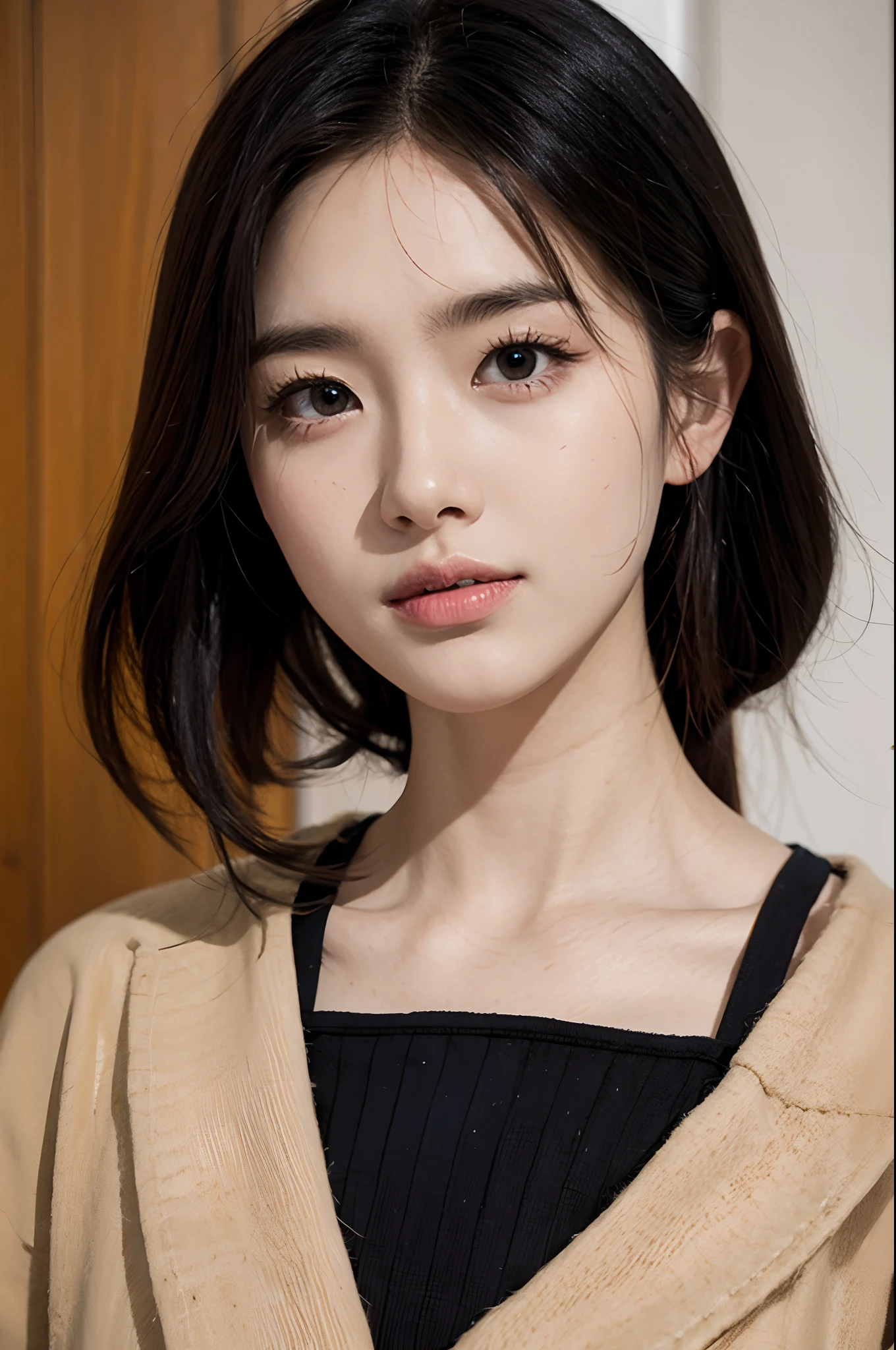 Masterpiece, best picture quality, high quality, beautiful woman, Japanese, detailed, detailed eyes, detailed skin, beautiful skin, ultra high resolution, (reality: 1.4),very beautiful, slightly younger face, beautiful skin, slender, (ultra realistic), (highresolution), (8K), (very detailed) (beautifully detailed eyes), (super detailed), cardigan, (wallpaper), (detailed face), looking at viewer, fine details, detailed face, sad, looking straight ahead, looking straight ahead, angle from waist up, realistic photo, bright lighting, professional lighting, mature woman, brown hair, sway in the wind shoulder length straight hair, long stylish bangs,