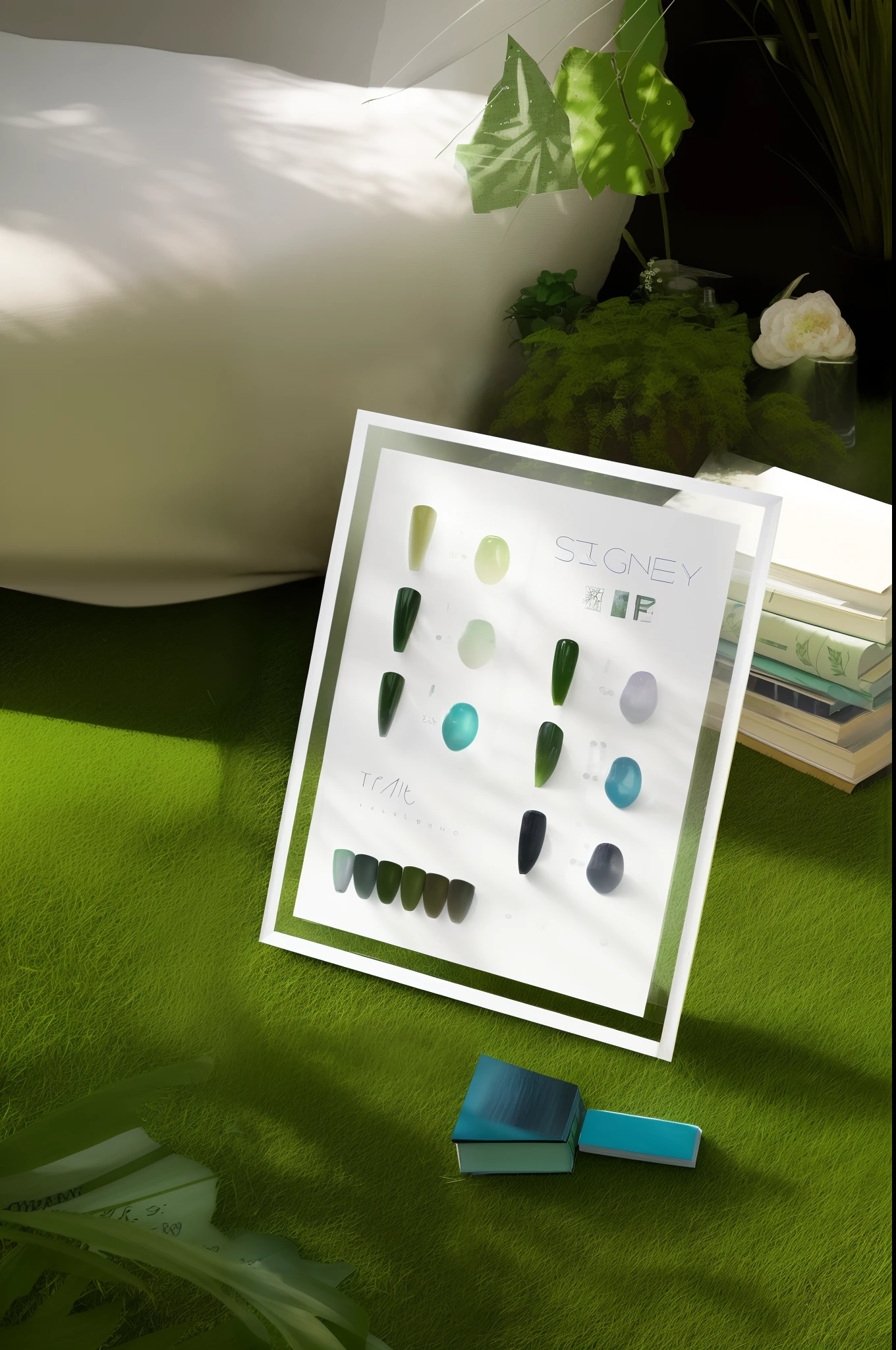 On the grass is a bottle of nail polish and a white display board,Behind it are books,A plant,sofe,commerciaphotography,Ray traching,Sunlight shines down from the upper left corner,32K,the detail,tmasterpiece,photore,product showcase,hyper photorealism