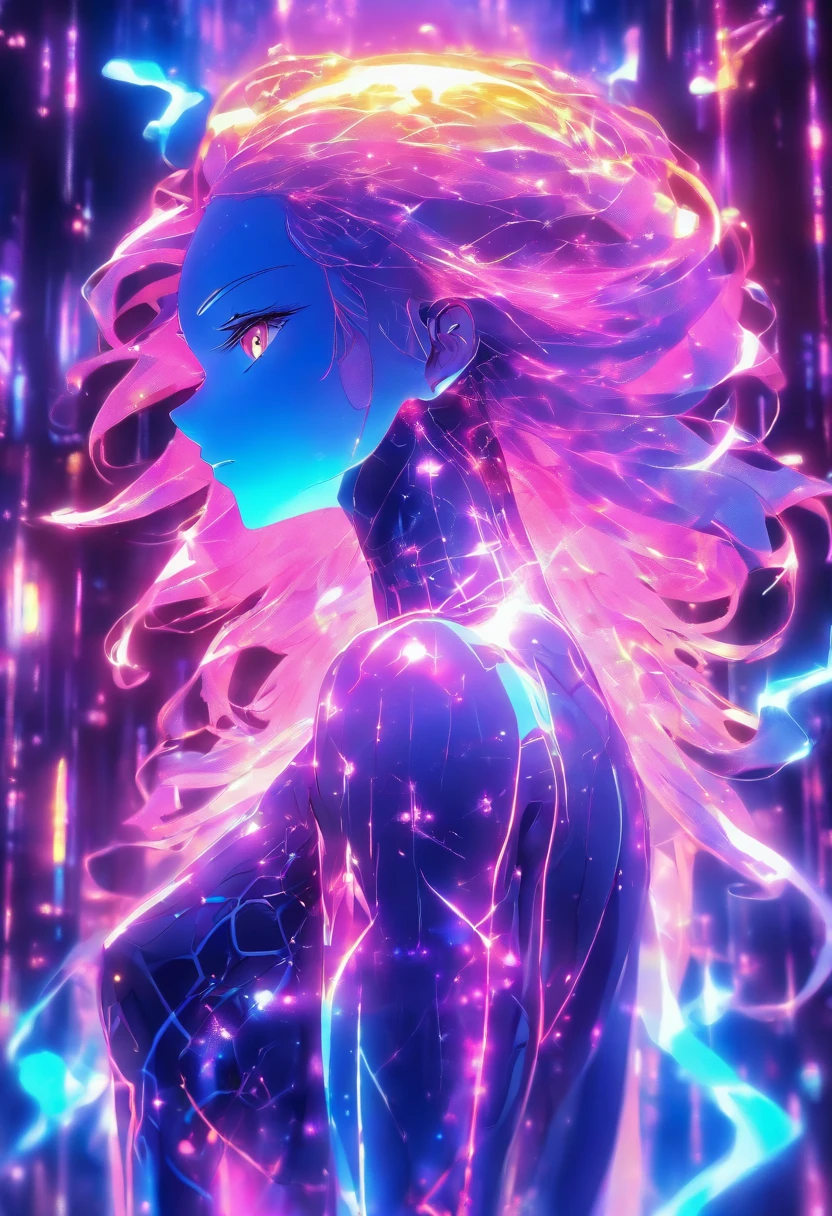 **a hologram female character,back view, solarizing master,tesseract,made of wire.Y2K aesthetic --v 5.2** - (relaxed)