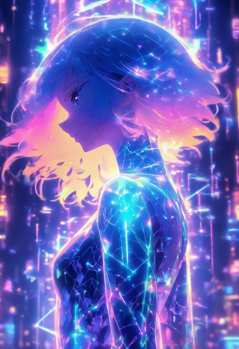**a hologram female character,back view, solarizing master,tesseract,made of wire.Y2K aesthetic --v 5.2** - (relaxed)