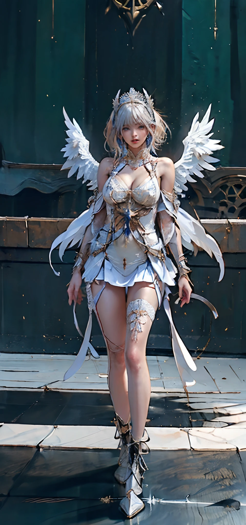 Cyborg, Girl, Beautiful girl, Cute, Sexy, Strong, Slender, Delicate, Smile, (Lolita costume), High legs, Metallic, ultra color, paisley, Headgear, mandalas, Near future, Heaven, angel, feater, wing, Helix lamp