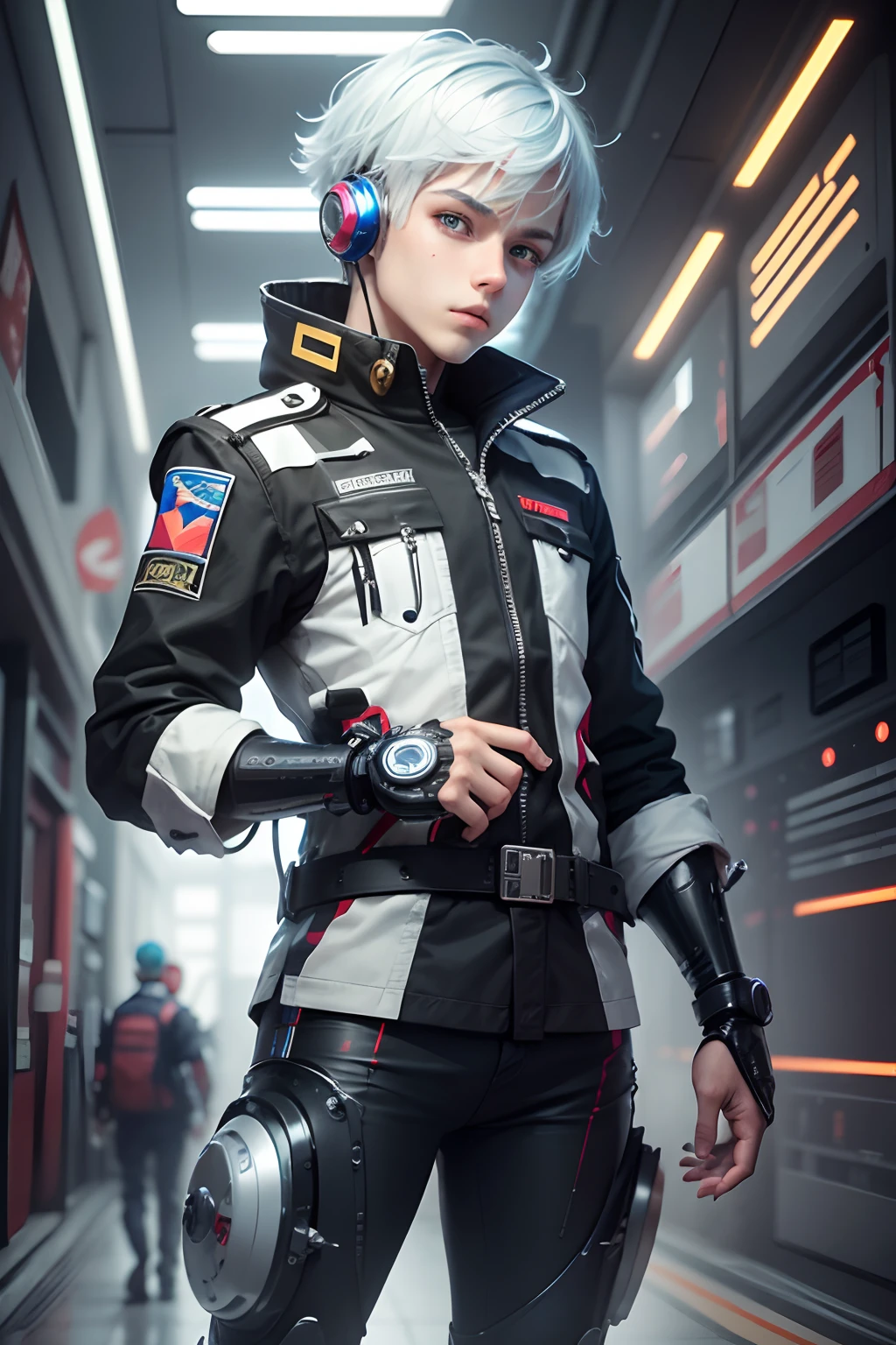 Create an image of Lucas, a young man in advanced sci-fi time traveler outfit with a mysterious device in his hand. He stands in front of a shimmering portal, ready to embark on his time-travel adventure. Show excitement and determination in his expression.