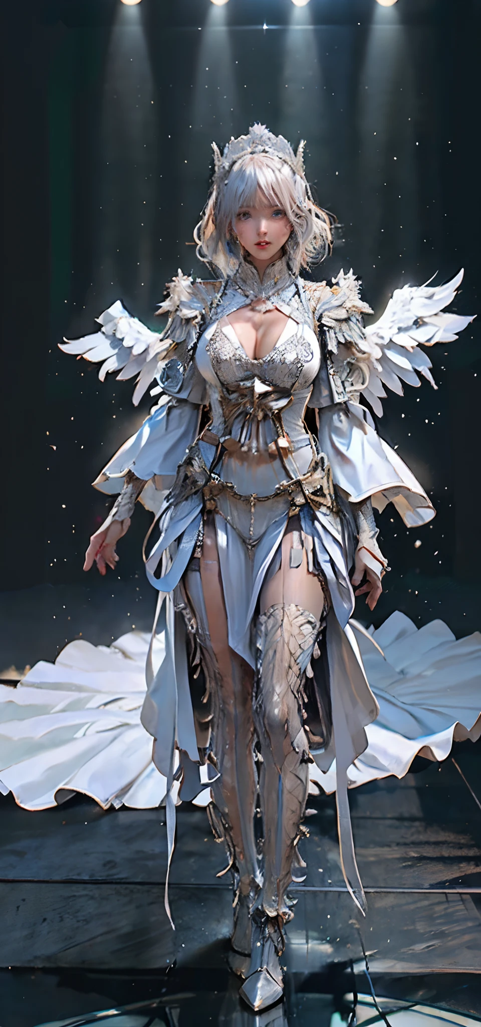 (( (tmasterpiece),(Very detailed CG Unity 8K wallpaper),best qualtiy,cinmatic lighting,细致背景,beatiful detailed eyes,Bright pupils,(Very fine and beautiful),(Beautiful and detailed eyes description),ultra - detailed,tmasterpiece,hight resolution)), Curly, ((Dressed in insanely sexy bikini armor:1.4)), Rose gold armor, Richly decorated armor, a beautiful woman warrior, Shorthair, Platinum Blonde Hair, cleavage of the breast, (Big angel wings on the back)