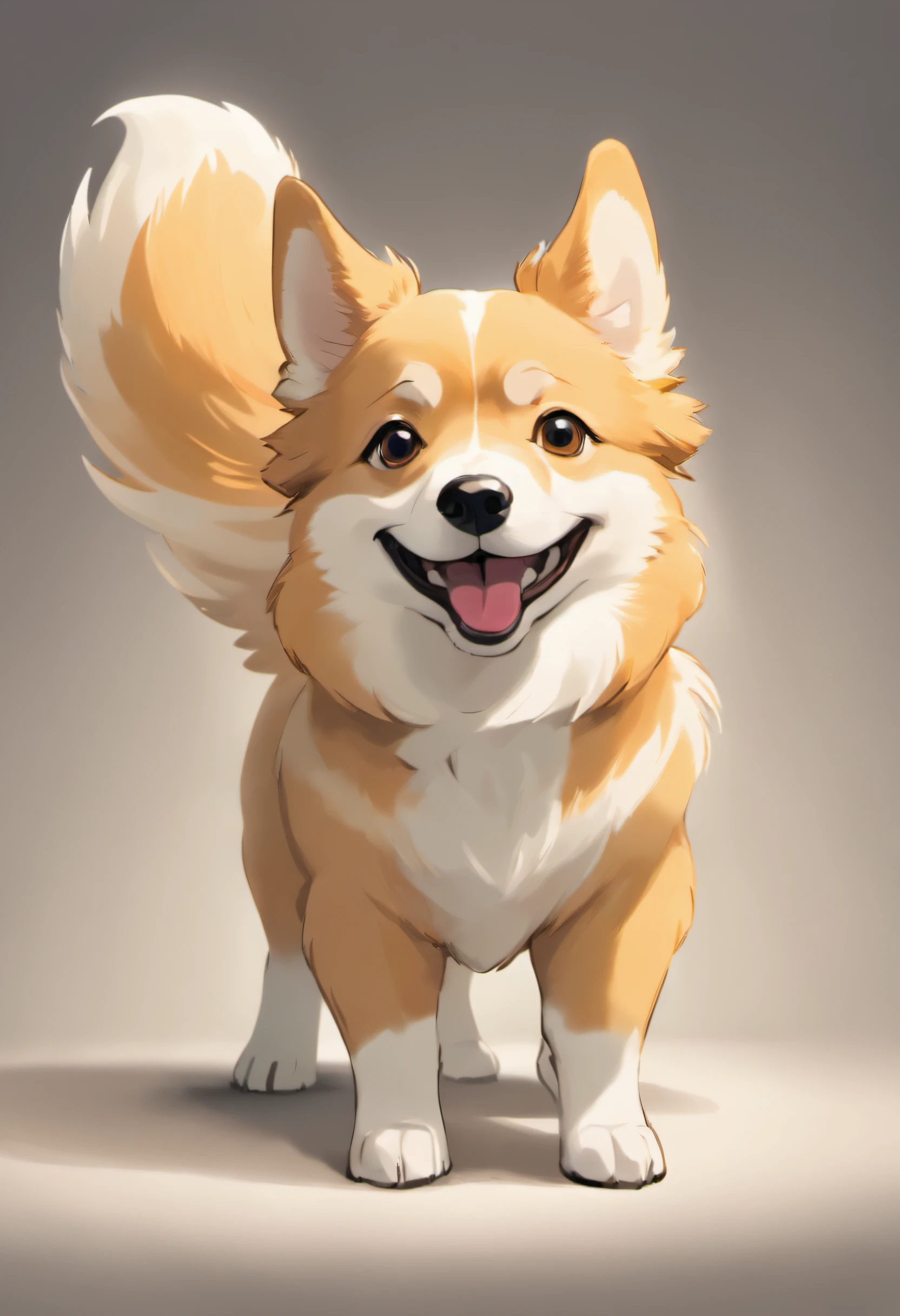 "Create ultra-high-resolution images that capture Welsh Corgi Pembroke in chic., The dog poses smiling, very happy., Raise 2 legs Use advanced macro photography techniques to highlight the intricate details of dog fur., Standing ears, And some expressive eyes and tongue protrude.. Place the camera at eye level of the dog., Building a close relationship between the audience and the dog model. Use a large aperture for shallow depth of field, Let the dog stand out sharply against a white background.. Improve the lighting to emphasize the texture and contours of your dog's body., Using Soft, Faint light to remove harsh shadows and create, Comfortable atmosphere. Hold the dog in a relaxed position., But balanced., Show your flexibility and elegance.. Try to capture moments between movements naturally., such as stretching or grooming., To convey a sense of authenticity.. Use post-processing techniques to adjust the sharpness of the image., contrast, and color balance., Ensure that all aspects, From complex forms of dogs to intense gazes., Show amazing detail. Finally, It conveys the serene beauty and innate elegance of the Welsh Corgi., Capture moments that celebrate the unique essence of a dog's curiosity and balance.."