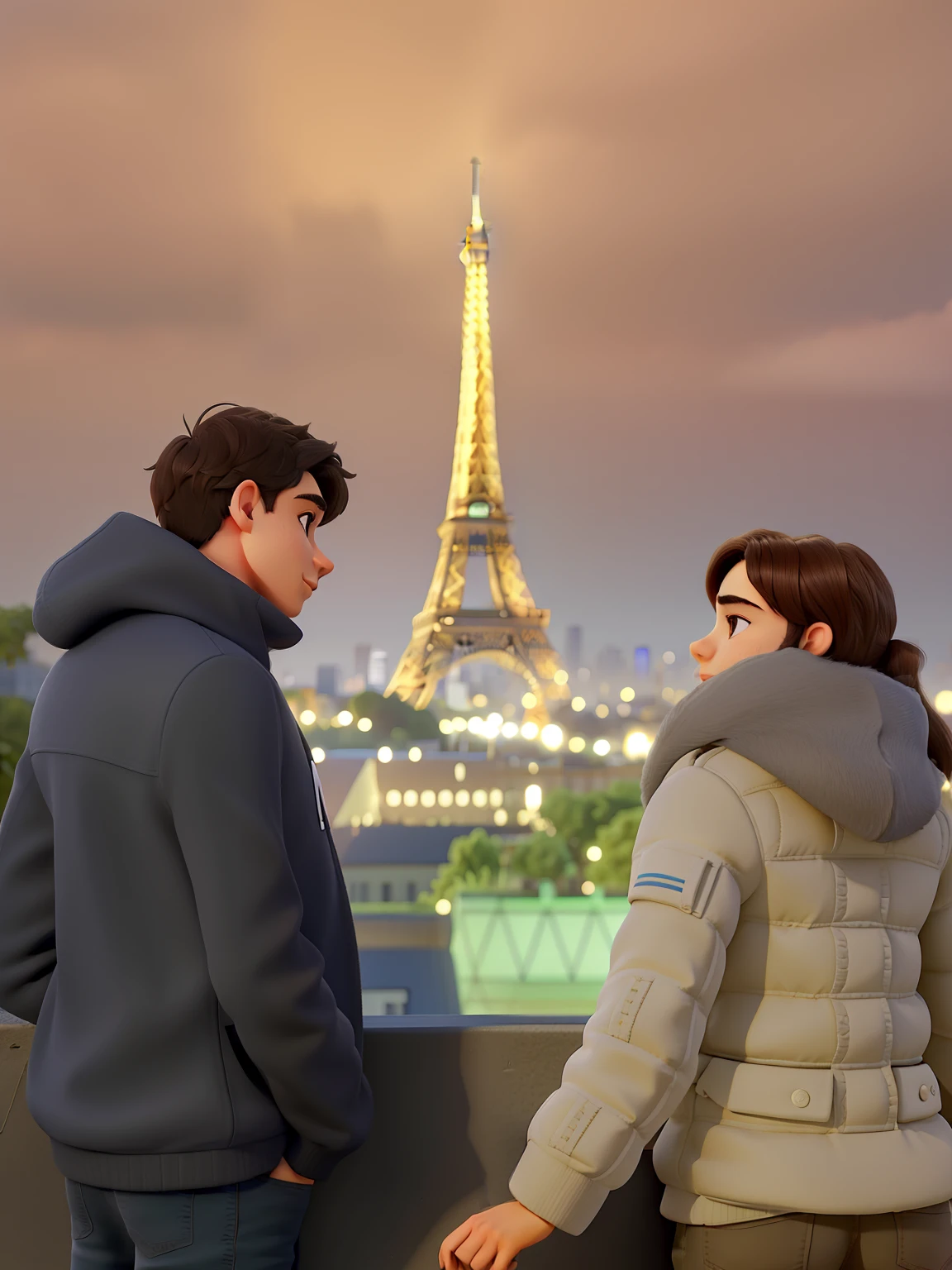 Um casal jovem e apaixonado com a torre Eiffel em Paris como plano de fundo