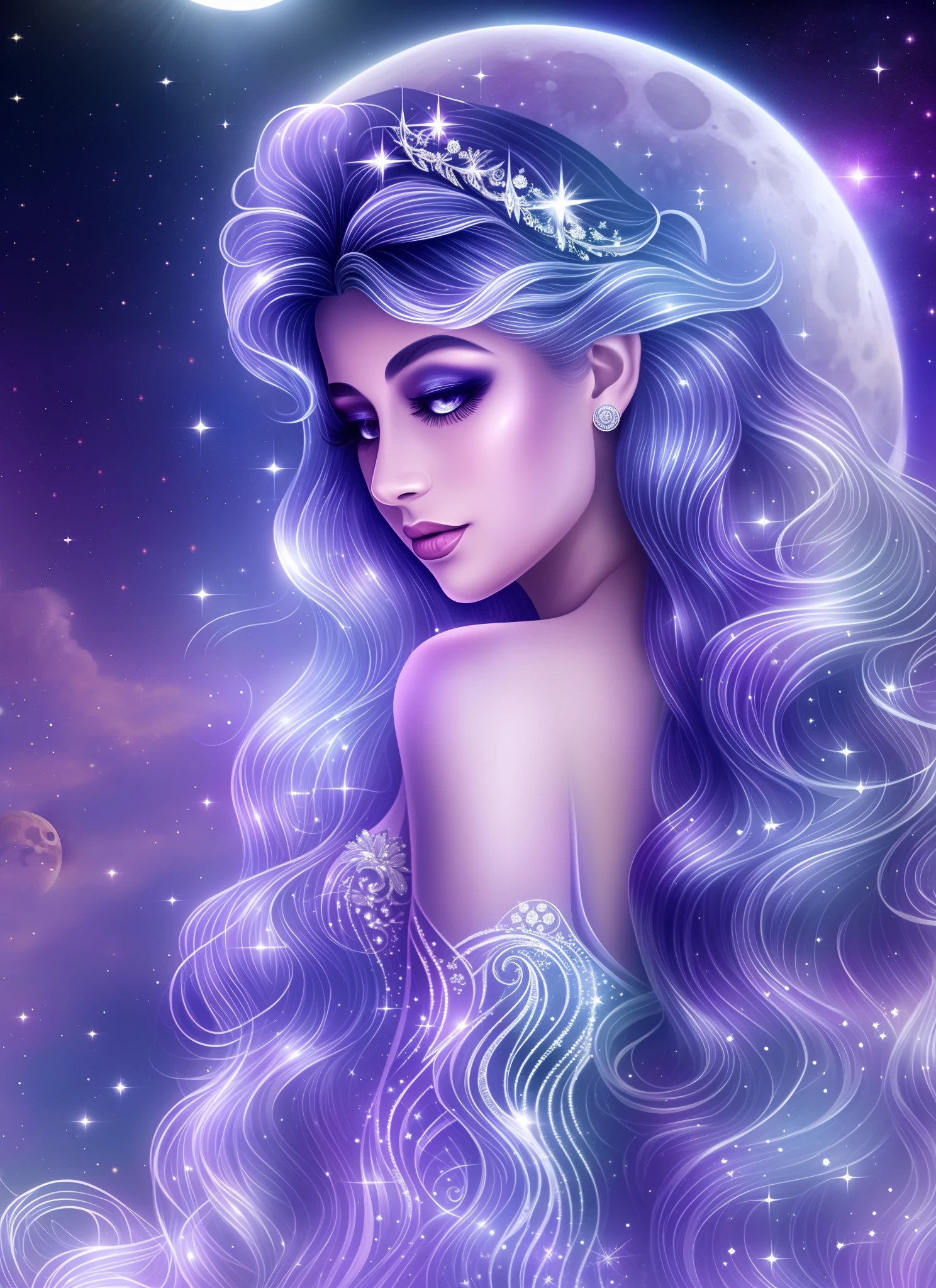 A moonlit princess, her hair is a cascade of silver, moon lighting, glowing eyes, and her gown is a reflection of the moon's phases. Her eyes hold the serenity of the night sky, and her skin glows with a soft, lunar radiance --auto --s2