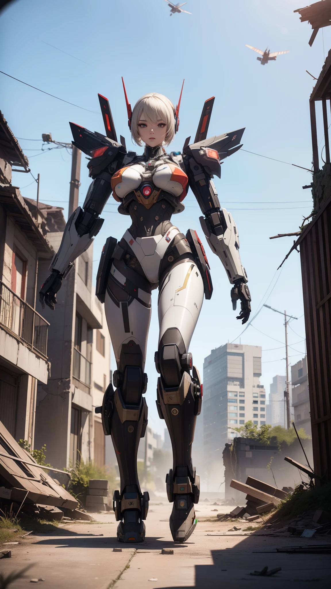 ((Best quality)), ((masterpiece)), (highly detailed:1.3), 3D,Shitu-mecha, beautiful cyberpunk women with her mecha in the ruins of city from a forgoten war, ancient technology,HDR (High Dynamic Range),Ray Tracing,NVIDIA RTX,Super-Resolution,Unreal 5,Subsur...