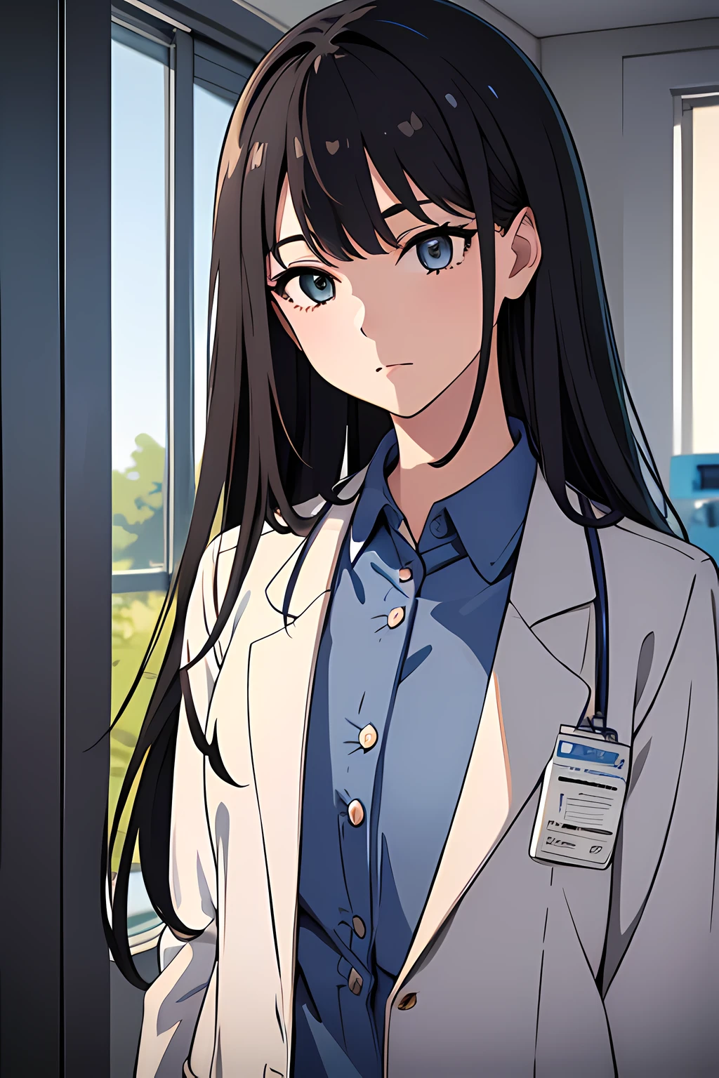 (1 girl), (beautiful eyes finely detailed, face to detail, dark gray hair, long hair), doctor medical suit, chill facial expression, half body illustration, standing near hospital bedroom, bringing some medicine, at the hospital, many magical particle surrounding her, masterpiece, top-quality, detailed, high resolution illustration
