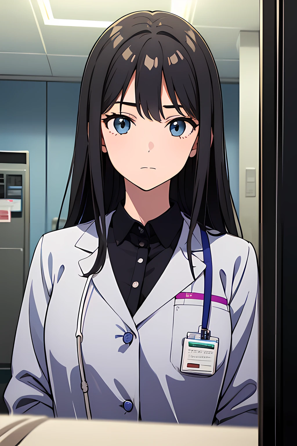 (1 girl), (beautiful eyes finely detailed, face to detail, dark gray hair, long hair), doctor medical suit, chill facial expression, half body illustration, standing near hospital bedroom, bringing some medicine, at the hospital, many magical particle surrounding her, masterpiece, top-quality, detailed, high resolution illustration