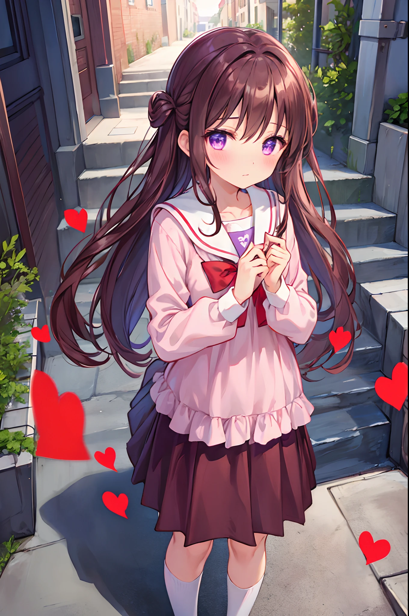 Chocolate with Hearts、Barka characters、Purple eyes、Dark brown hair、red blush、Valentine、School Uniform、stairway、evening