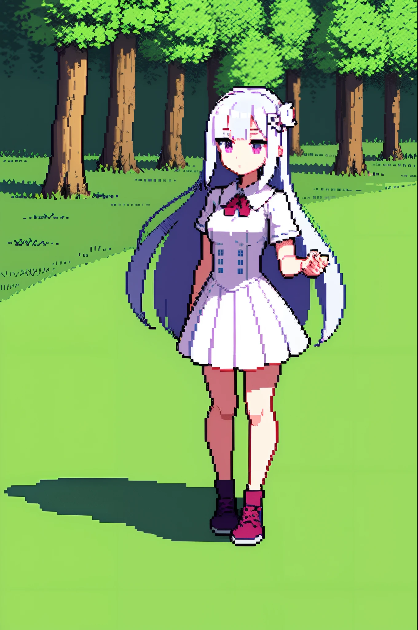 (masterpiece, top quality, best quality), pixel,pixel art,1girl,full body, Emilia, white hair, purple eyes, long hair, x hair ornament, flower hair ornament, pokemon uniform, pokeball, in a forest, 16bit