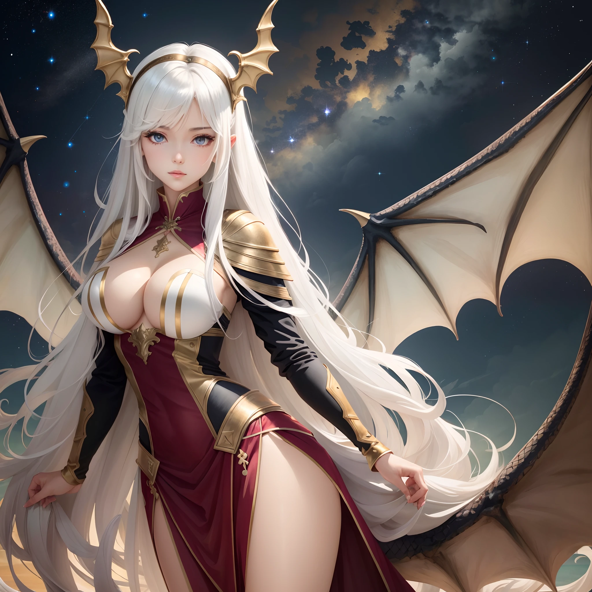 a tall long white haired anime woman with starry dragon wings who’s slightly busty