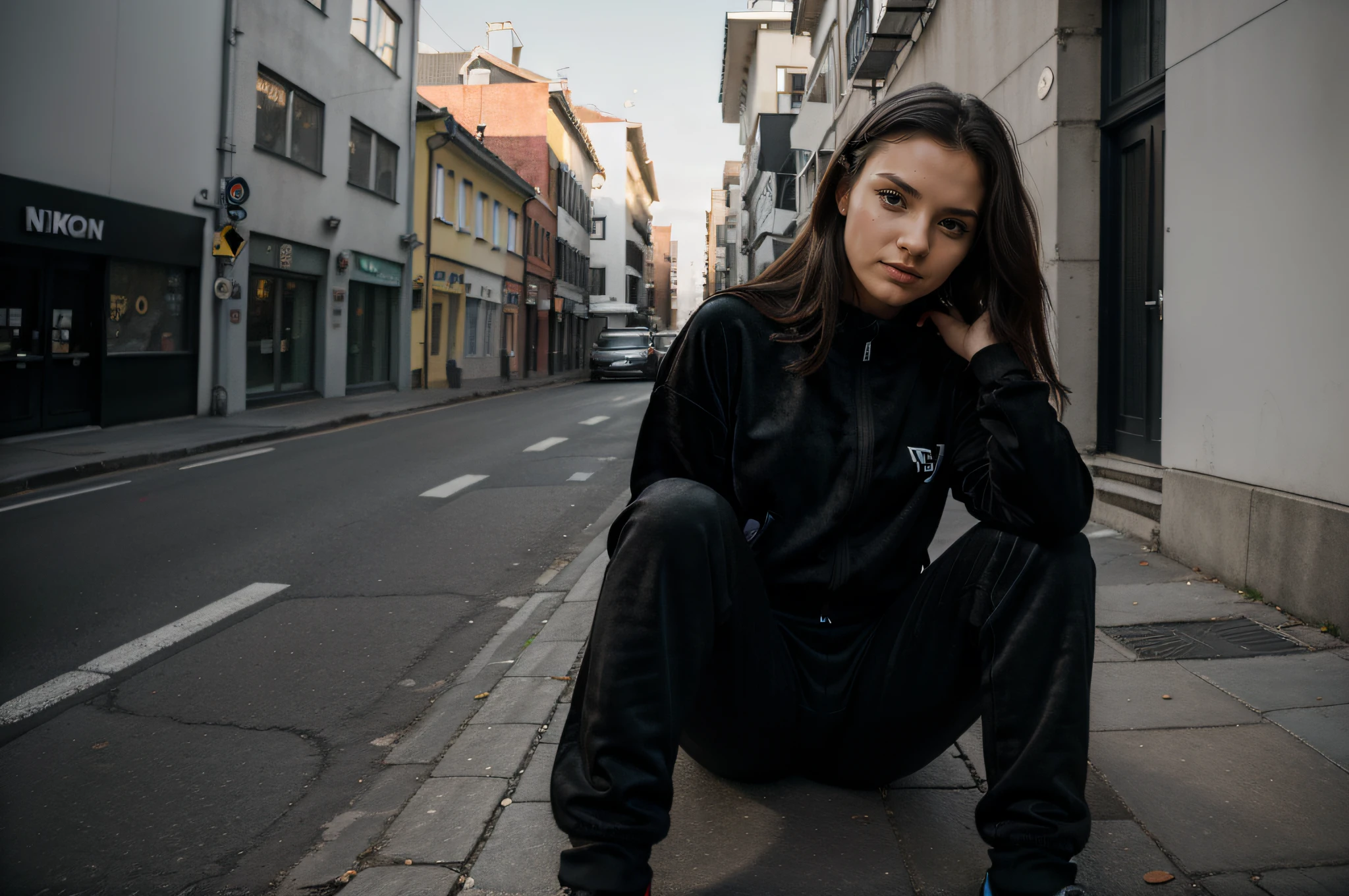A confident beauty female model in a basic black velour tracksuit, full body, poising on an urban street in Poland, medium: photo hyper-realism, style: edgy street fashion meets contemporary art, lighting: dramatic contrast with a mix of artificial and natural light, colors: bold and gritty with a focus on the textures of the leggings and street art, composition: Nikon D850, AF-S NIKKOR 50mm f/1.8G lens, Resolution 45.7 megapixels, ISO sensitivity: 200, Shutter speed 1/125 second, close-up shot with a focus on the velour tracksuit, street art as a backdrop --ar 16:9 --v 5.1 --style raw --q 2 --s 750