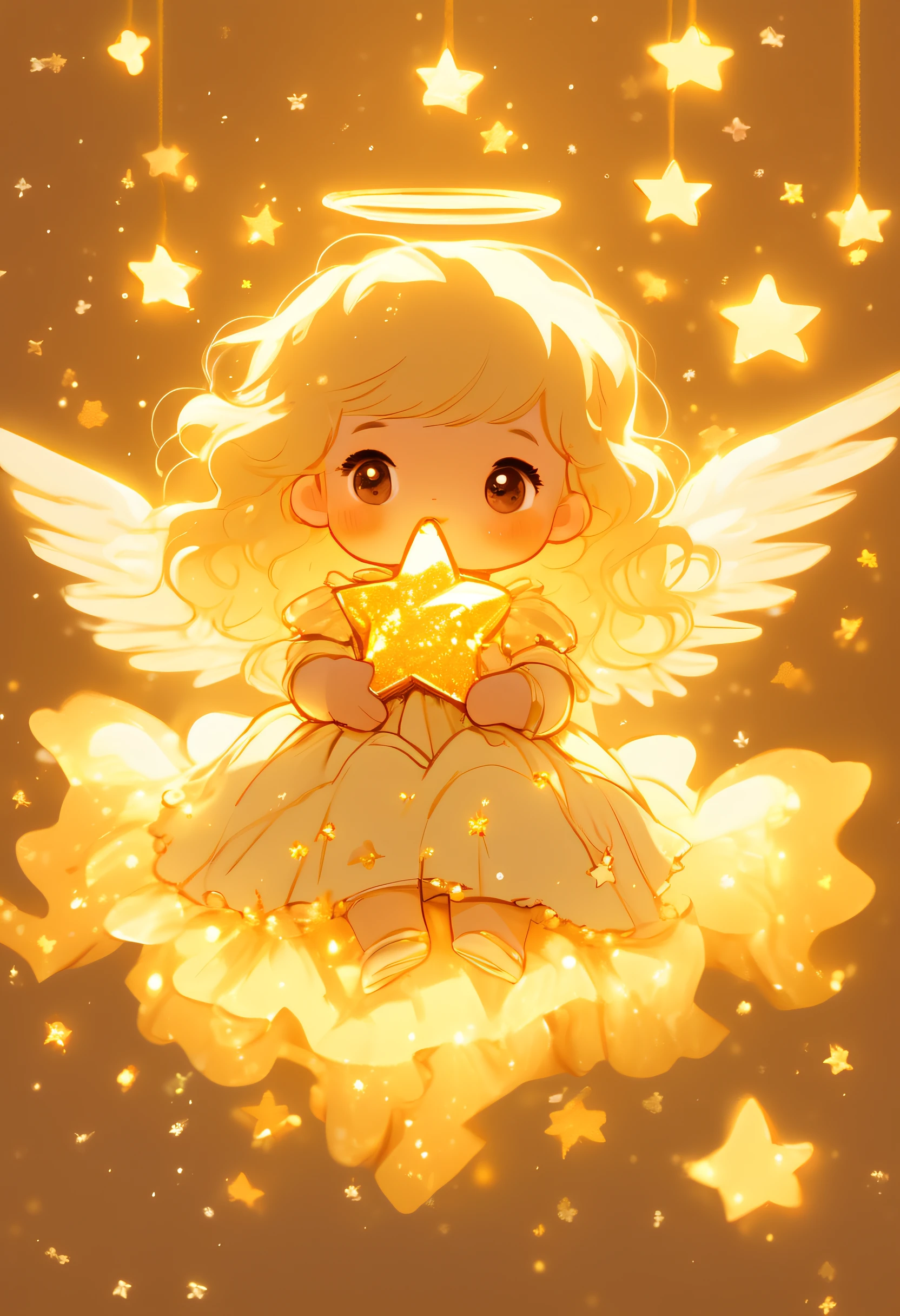 small angel,holding star, in the style of childlike illustrations, warm color palette, radiant clusters,wearing a flower garland, stars art,golden light::0.9, childhood arcadias, dolly kei::1.2, amber, skottie young, 32k uhd