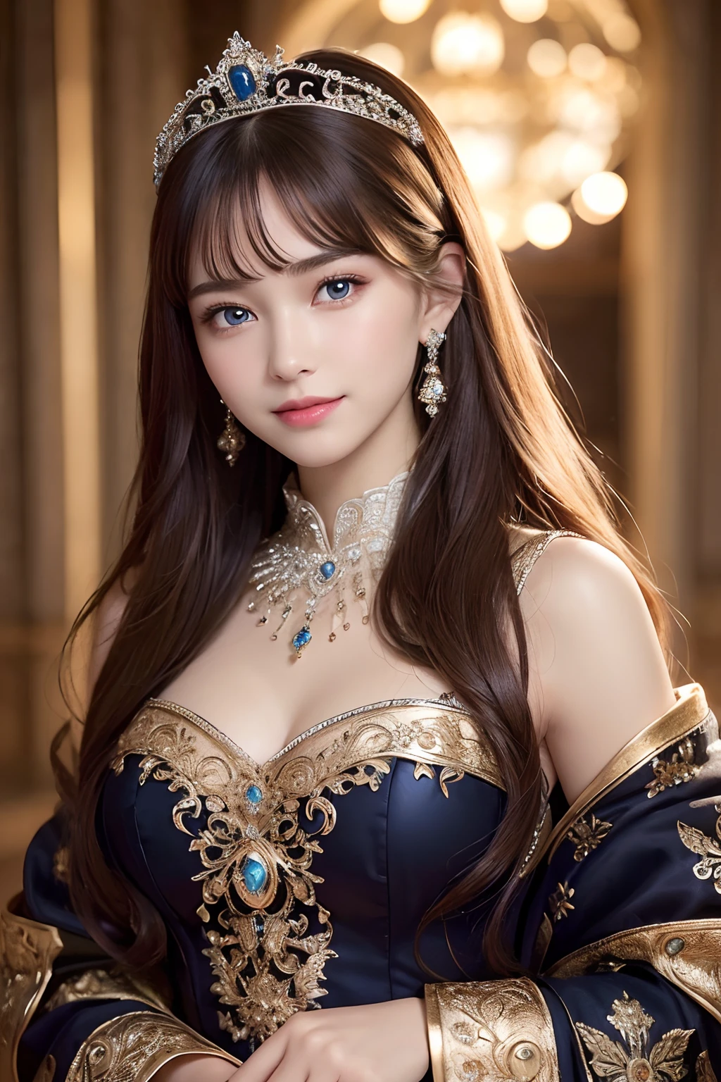 (best quality, 8K, masterpiece)), ultra detailed, sharp focus, ((ultra realistic photo)), 1 beautiful woman, 18yo, elaborate design dress, gorgeous jewery, tiara, highly detailed face and skin texture, ((detailed eyes)), ((beautiful eyes:1.4)), (smile:1.15), (closed mouth), three-quarter length
