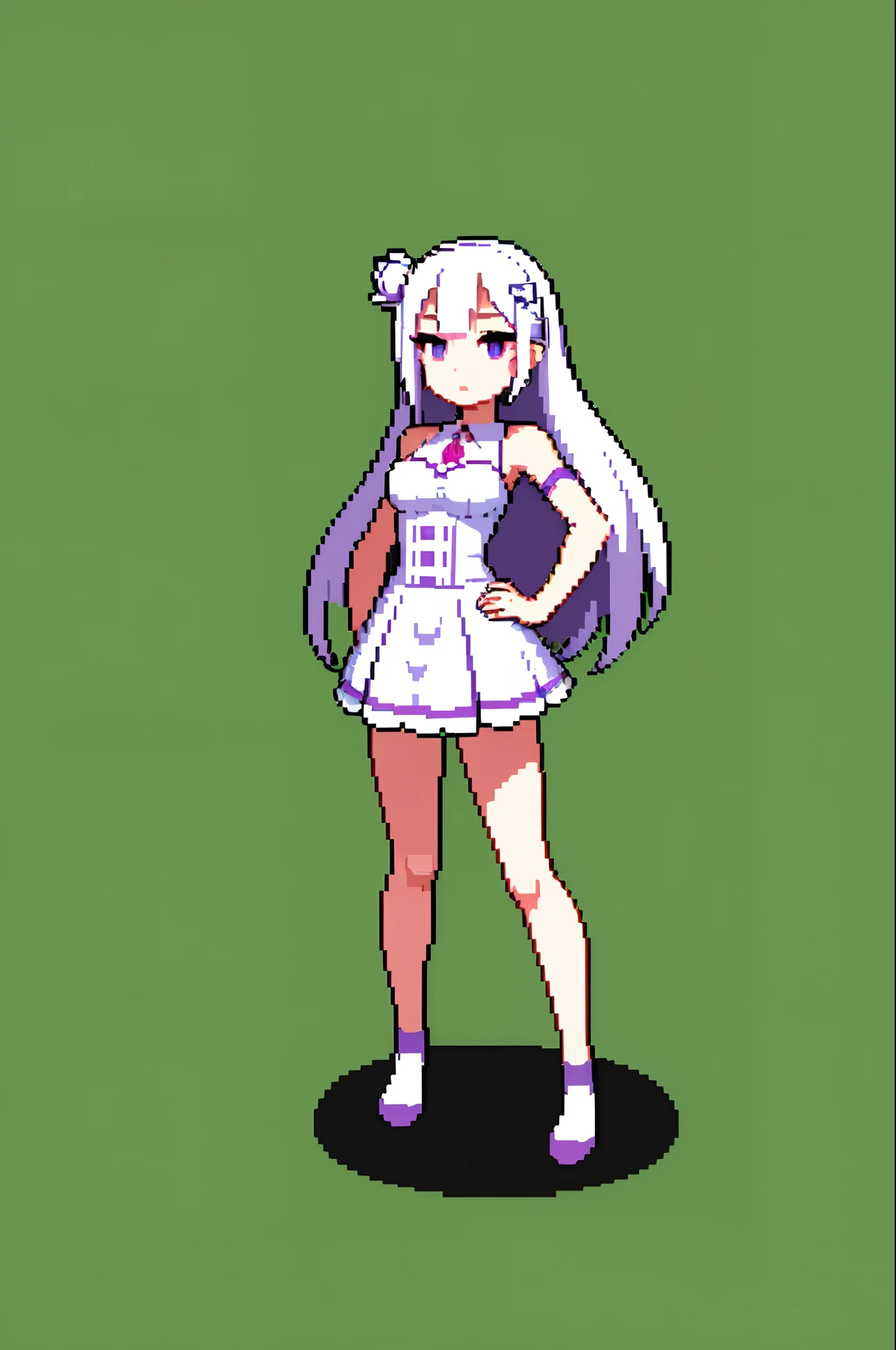 (masterpiece, top quality, best quality), pixel,pixel art,1girl,full body, Emilia, white hair, purple eyes, long hair, x hair ornament, flower hair ornament, white and purple dress, pokeball, in a forest, 16bit