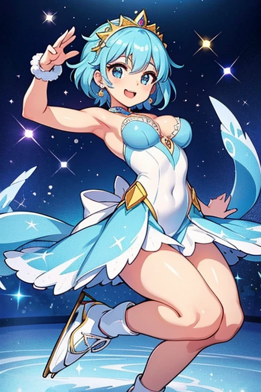 1 girl, cute, 18yo,Smile expression. makes figure skaters dancing on ice. Give this image snow-white feathers and sparkling Swarovski crystals. Next, Accessorize with a gold headpiece, Transparent beaded necklace and matching rings or earrings. Finally, Bright makeup and sparkling eyeshadow、Complete the atmosphere of figure skaters shining on the ice. Dynamic Poses: Posing that reproduces triple axel and toe loop jump, Or、Pose during a spin to show the figure skater's grace and movement. location: Large skating rink in the center of the ice castle. The castle is surrounded by glowing ice statues and waterfalls, A huge crystal chandelier hangs in the center of the skating rink. This location is、There is a beautiful and magical atmosphere that complements the figure skating cosplay and its dynamism.