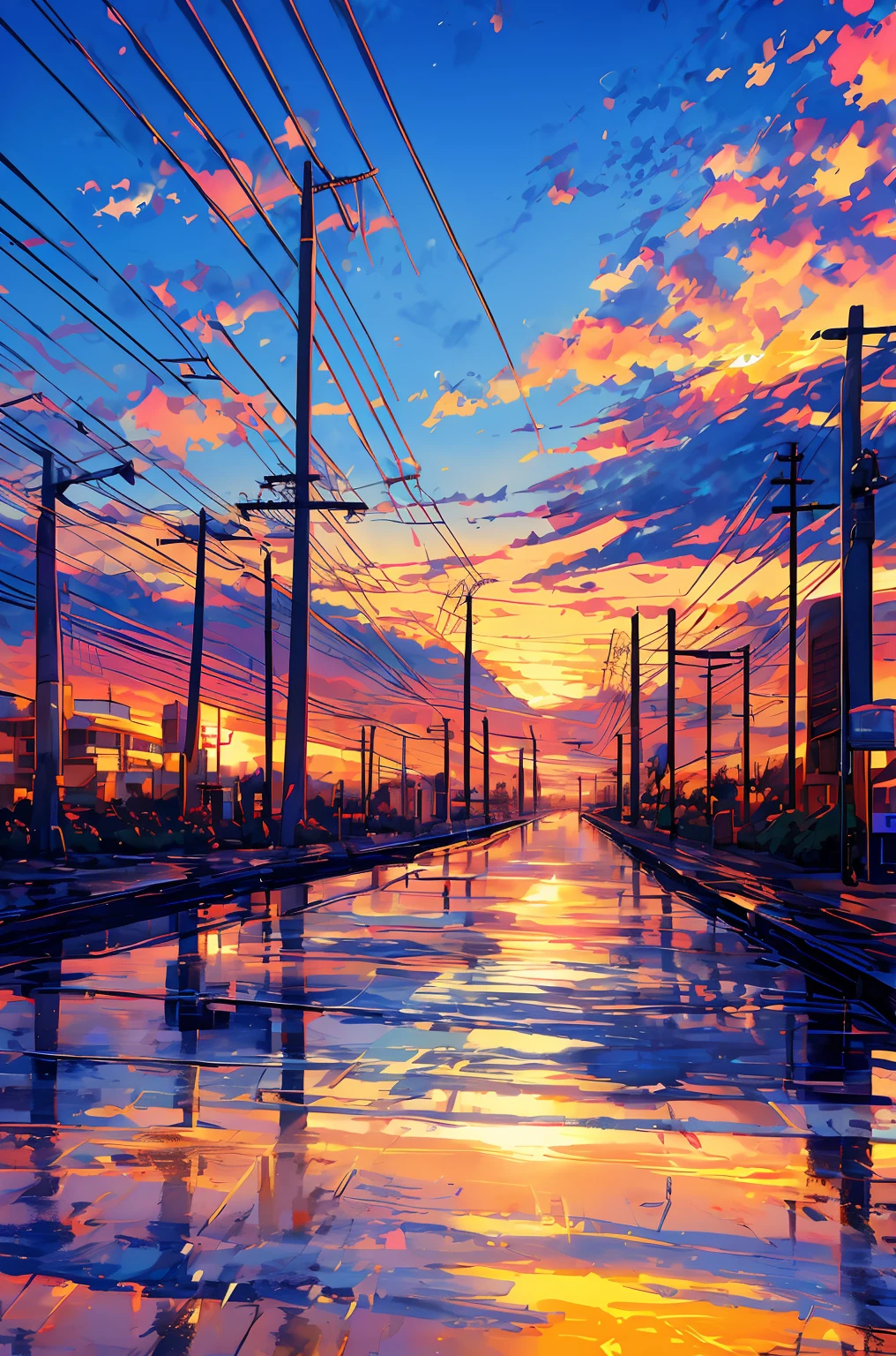 masterpiece, concept art, a painting of (electric poles:1.5) in a city street at sunset, a painting, by sylvain sarrailh, anime hi-fructose, telephone wires, gta art, warm sundown, beautiful iwakura, toon aesthetic, colorful house, connecting lines, anime screenshot, art », muffled colours, kawai, 2077, “ anime, bright: