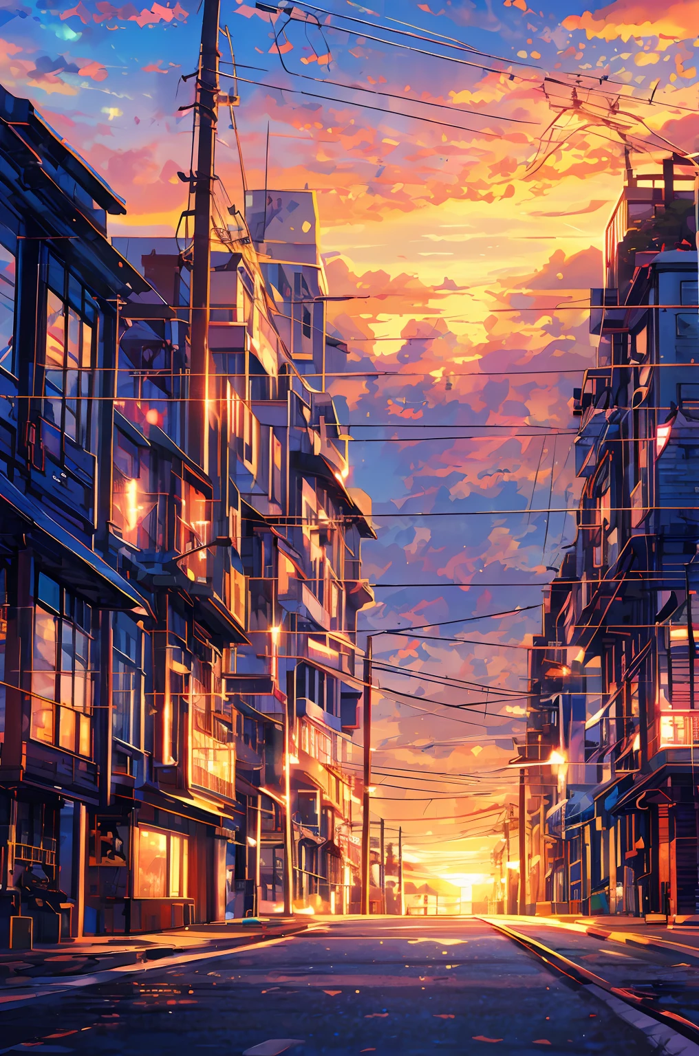 masterpiece, concept art, a painting of (electric poles:1.5) in a city street at sunset, a painting, by sylvain sarrailh, anime hi-fructose, telephone wires, gta art, warm sundown, beautiful iwakura, toon aesthetic, colorful house, connecting lines, anime screenshot, art », muffled colours, kawai, 2077, “ anime, bright: