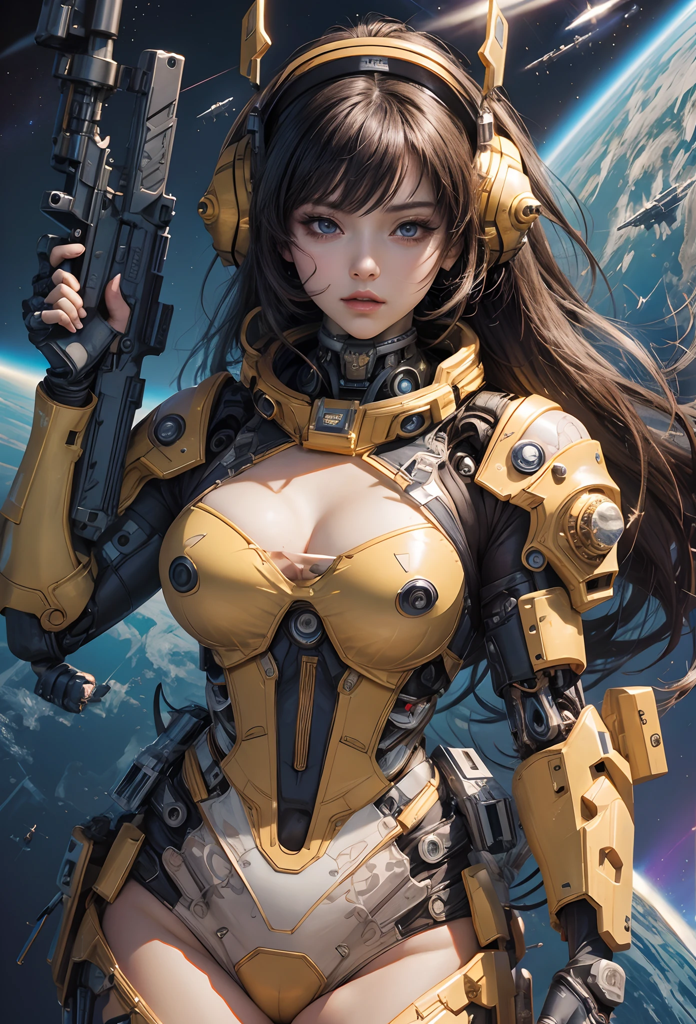 (Detailed illustrations,Very detailed and detailed drawing,Delicate lines with slow and rapid,Realistic texture expression),[Color tressed main line],(Space Battlefield [Space Mobile Fortress]),[独奏],HENTAI (((ANIME) BIONICGirl) Beauty  ((well-muscled) [plump])) (Astronauts Cyborg) [Space Marine Corps Military [MASCHINEBODY]],Bullet Belt Javelin [[Firearms, Machine Guns, Bazookas] Saber Rifle ][[Rocket Pack]],Zero Gravity Front,gravure [[White Devil] [Outer space combat]] Battle Damage,[retro-futuristic],(Intricate and beautiful decoration [Dense detail]),(Fine and beautiful skin expression [Transparency]),[Perfect eye details (Iris beautifully drawn in every detail)[Jewel-like eyes]],[long and beautiful eyelashes],[Meticulously drawn hair [More on beautiful and shiny hair]],(Perfect hand details [Beautiful fingers without breakdowns [Beautiful nails]]),(Perfect Anatomy (Perfectly proportioned)) [[Full body like]],[[Design built to the highest level]][Ideal color coordination(Accurate simulation of light-material interactions)],(HighQuality,[Precision Detail] hight resolution,(detaileds,high-detail)),[Visual art that conveys a sense of narrative].