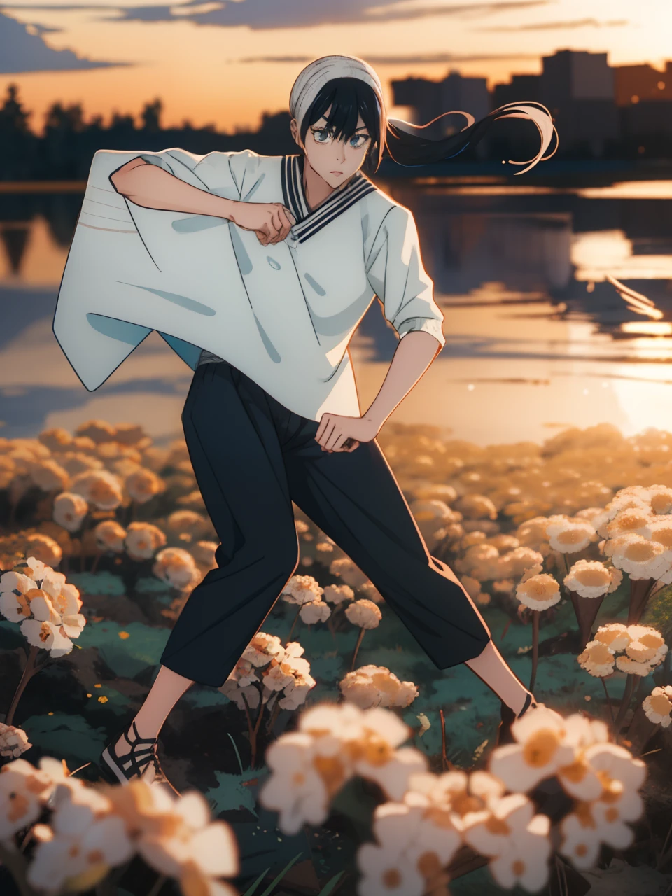 (1girl in),(Likoten(Jujutsu Kaisen))、grass field、Cute and beautiful, Girls in uniform,Black hair color, beautiful hairl, (full )