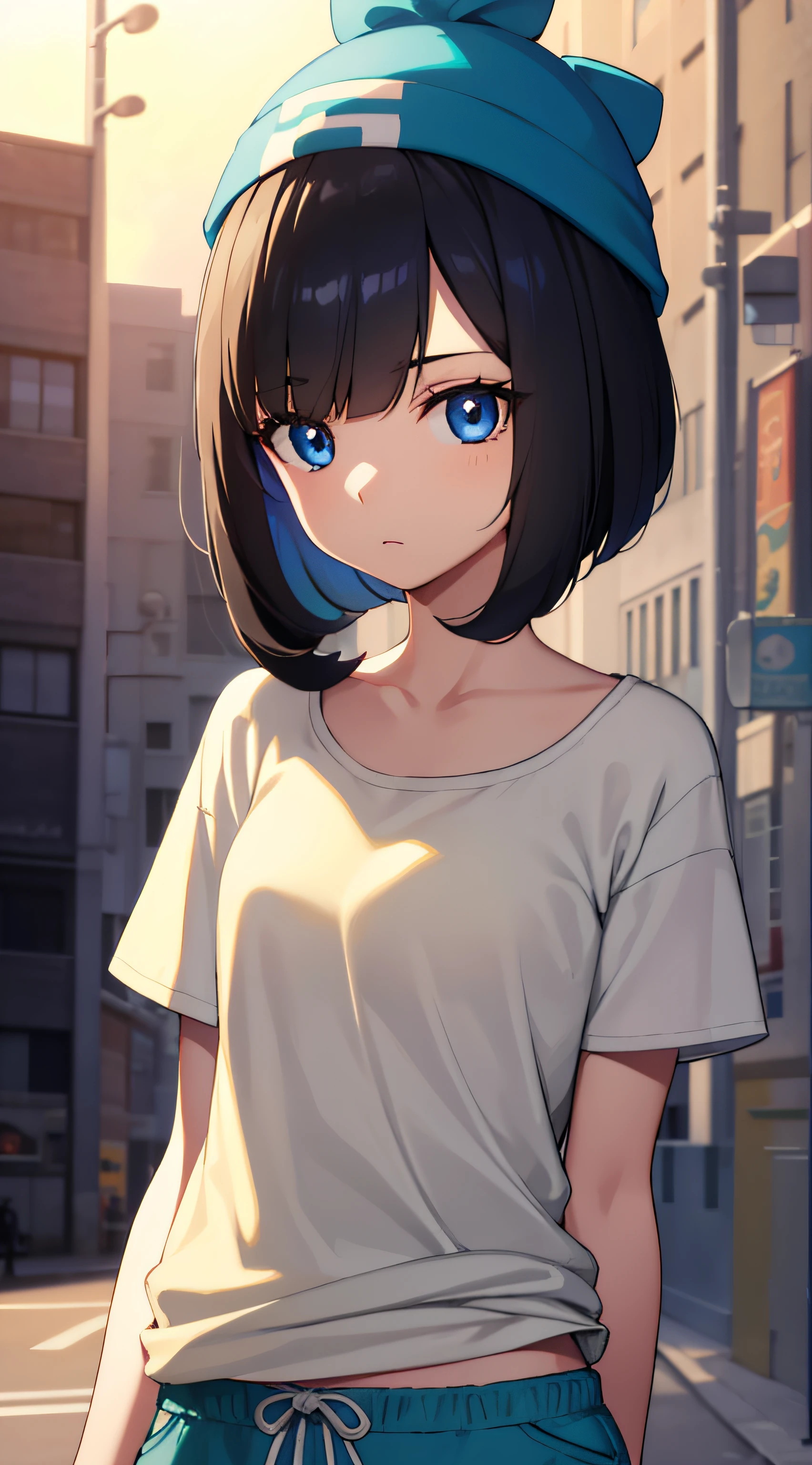 Pokemon Ene, Pokemon Ene, Black hair, Blue eyes, Short hair, bangs, Blunt bangs, (Small breasts:1.2),
Break free from the beanie, 鎖骨, green shorts, Hat, red headgear, shirt, Short sleeves, Shorts, tiedshirt, Yellow shirt,
BREAK looking at viewer, Upper body, full bodyesbian,
BREAK outdoors, City, sky, Sun,
Break (Masterpiece:1.2), Best quality, high resolution, Unity 8k wallpaper, (illustration:0.8), (Beautiful detailed eyes:1.6), Extremely detailed face, Perfect lighting, Extremely detailed CG, (Perfect hands, Perfect anatomy),