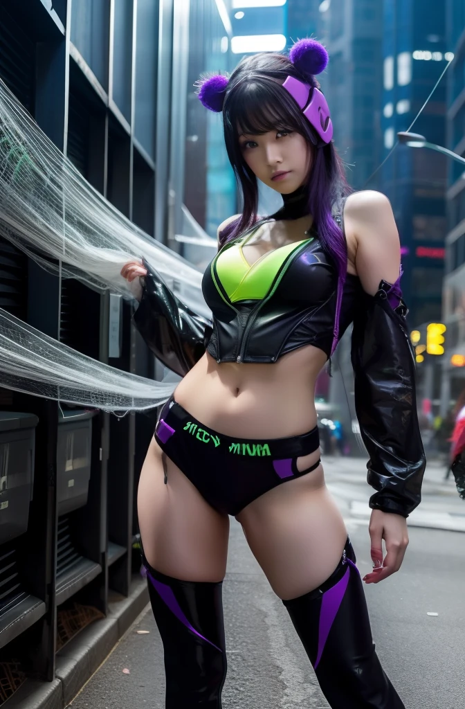 Cyberpunk female ninja covered in spiders、Reluctant、full body Esbian、Cobweb pattern costume、shiny purple、Fluorescent green spider web