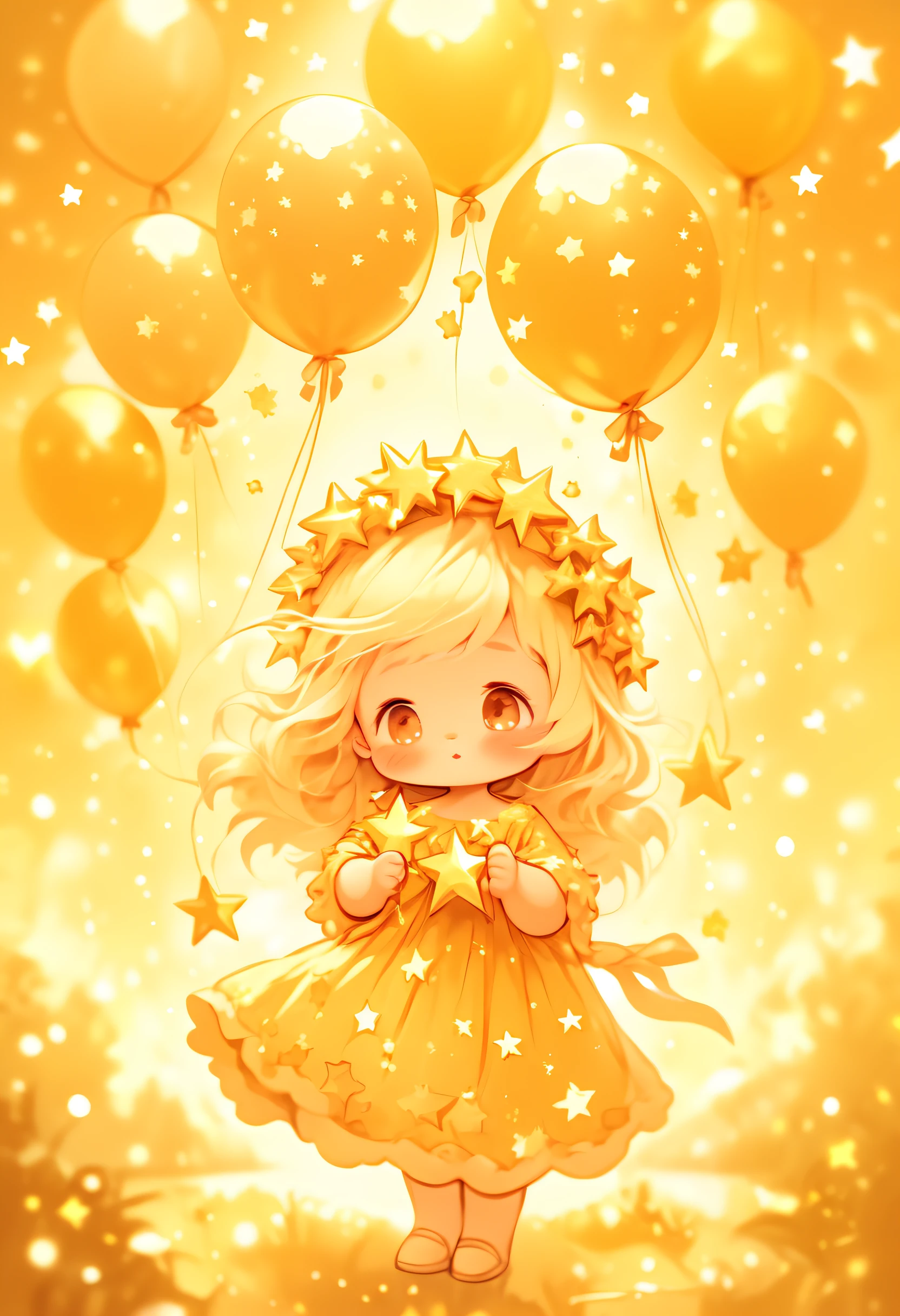 Little angels,Hold the stars, In the style of childlike illustrations, a warm color palette, radiation clusters,Wearing a garland, Star Art,Golden light::0.9, hood Arcadias, dolly kei::1.2, amber, skottie young, 32k ULTRAHD