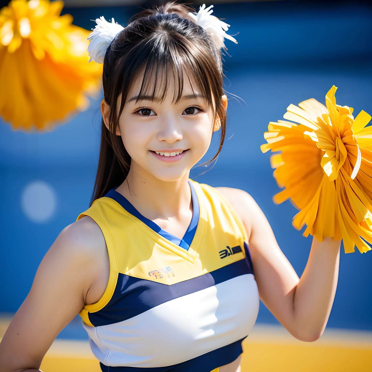 (Best-quality, Masterpiece, Ultra-High-Resolution, (Photorealistic:1.4), Raw Photo, depth of field, professional lighting, perfect anatomy, extremely details), 1girl, the most famous Japanese idol, (wearing yellow cheerleading-sleeveless-long-shirt on upper body, wearing yellow cheerleading-pleated-skirt over white cheerleading-panties on lower body), ((extremely cute face, ((extremely cute big-eyes)), extremely cute hair), ((extremely beautiful and extremely realistic skins))), extremely beautiful thighs, extremely beautiful legs, dynamic pose, looking at viewer, innocent smile, ((detailed yellow-cheerleading-sleeveless-long-shirt):1.2), ((detailed yellow-cheerleading-pleated-skirt):1.2), ((detailed white-cheerleading-panties-with-cute-design):1.33)