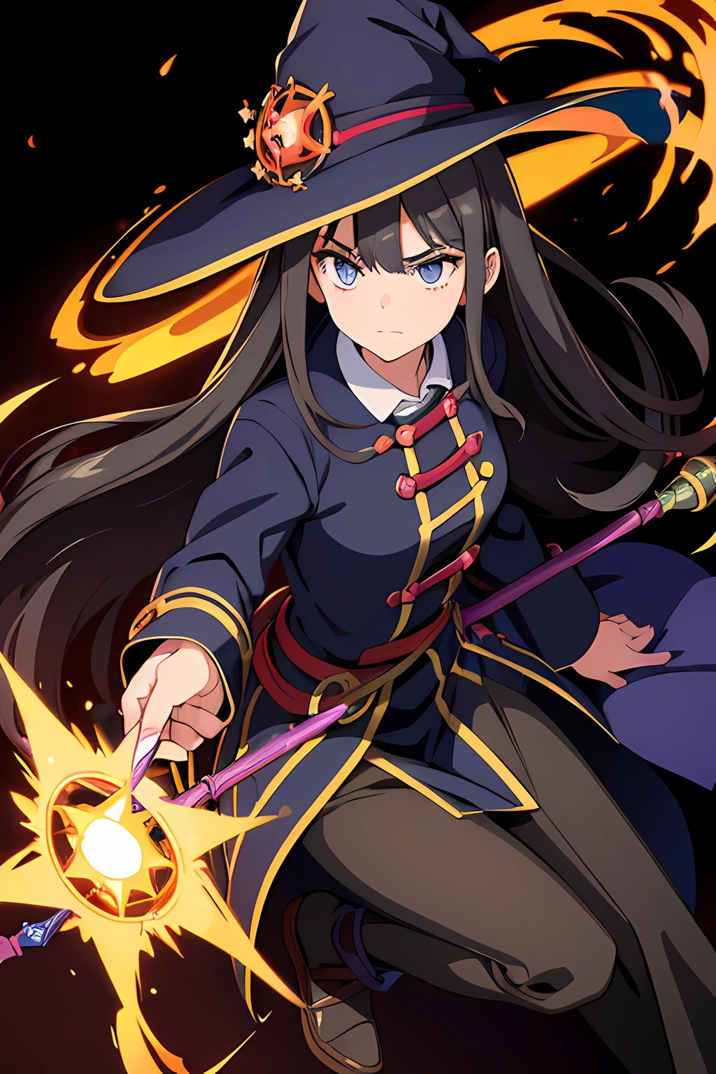 (1 girl), (beautiful eyes finely detailed, face to detail, dark gray hair, long hair), doctor medical suit and witch hat, angry facial expression, holding a mystic staff, she hold mystic staff with flames coming out from her mystic staff and casting powerful magic spell, The background is a magical circle in mahoutsukai no yome style, ​many magical particle in front of her, full body, masterpiece, top-quality, detailed, High resolution illustration