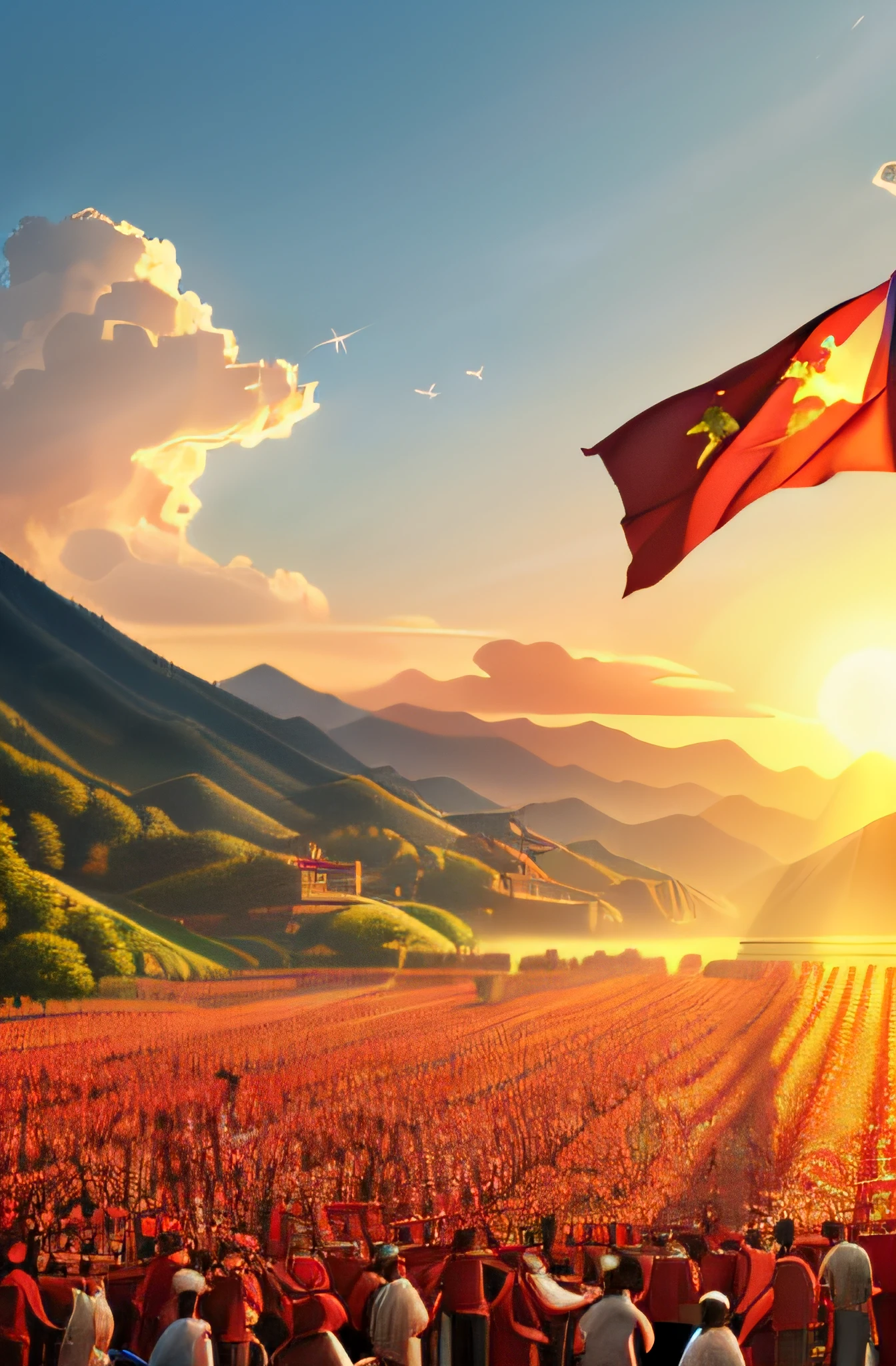 (best quality,4k,8k,highres,masterpiece:1.2),ultra-detailed,(realistic,photorealistic,photo-realistic:1.37),outstanding socialist,hardworking,harmonious labor notes,victory of the Chinese countryside,echoing the red flag,people's prosperity and happy life,Great Unity panorama a group of people