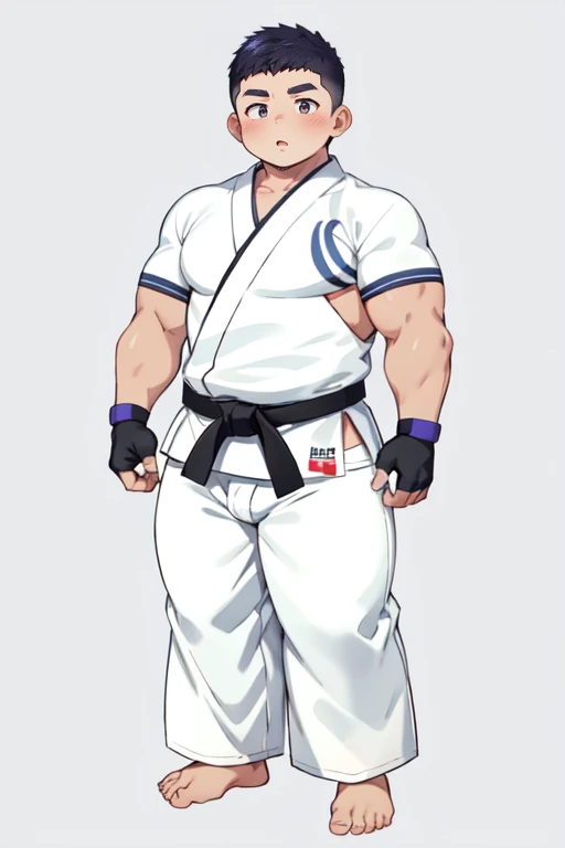 ((1boy_only, solo, front-view, chibi:0.35)), (chubby:1.2, stocky:1.2), ((white judo gi)), ((dougi)), barefoot, ((long pants)), (bara:1.4), (shota:0.35), buzz_cut, full body shot, ((cool, cute, awesome)), (fingerless gloves), (front_view), (chubby_face:0.8)
