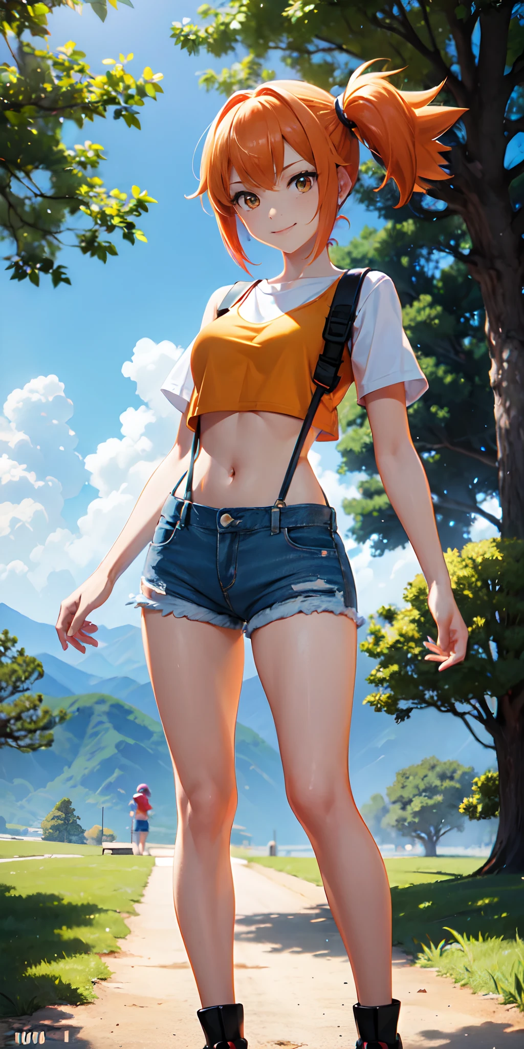 professional anime, anime :Pokemon, anime style: OLM.inc, masterpiece, best quality, high resolution, 1 woman only, misty (pokemon), orange hair, solo, shorts, suspenders, side ponytail, orange hair, stomach, yellow crop top, navel, short hair, denim, jean shorts, smile, cowboy shot, standing, pace_sign, outdoors, (((100% )))